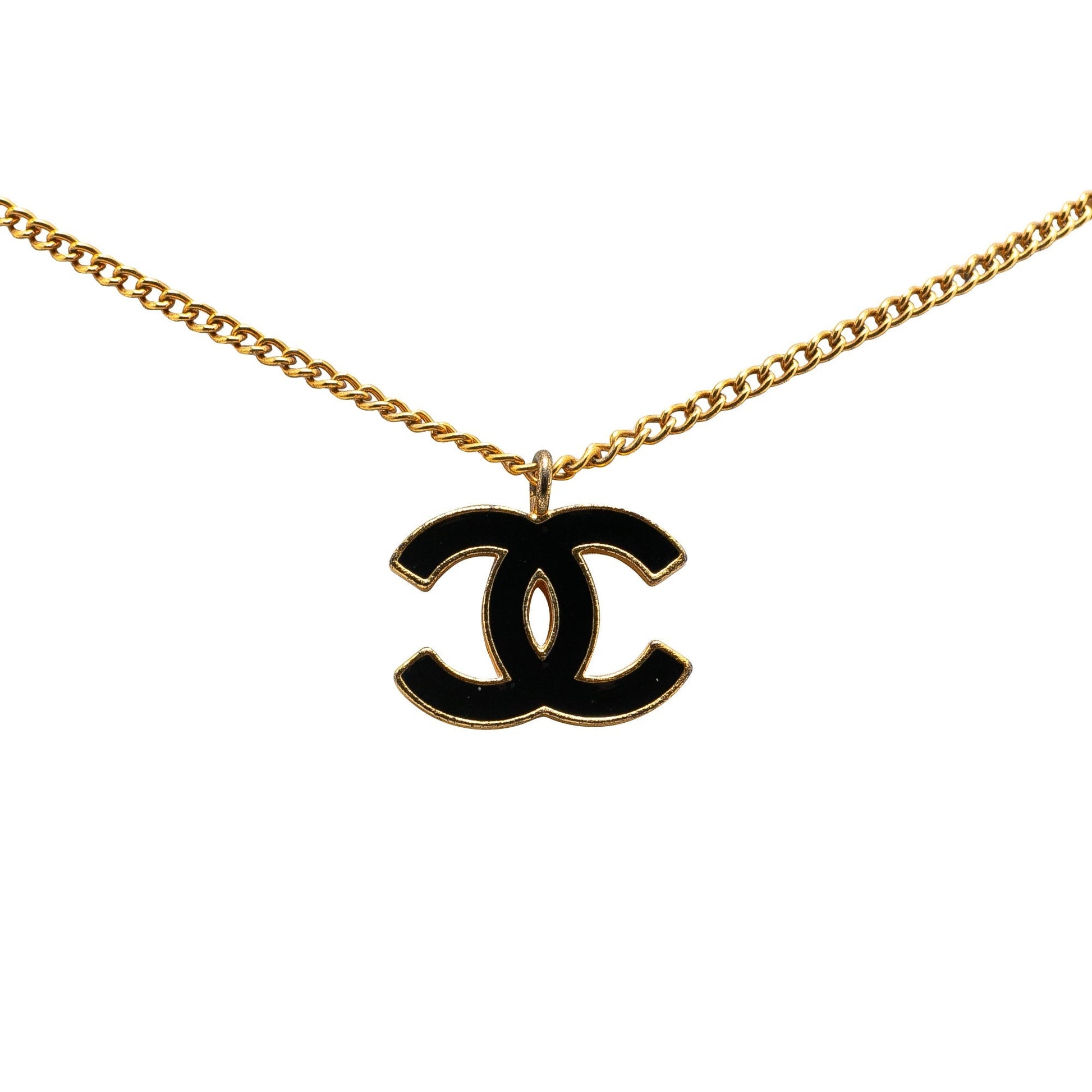 Gold Chanel Gold Plated And Enamel CC Pendant Necklace