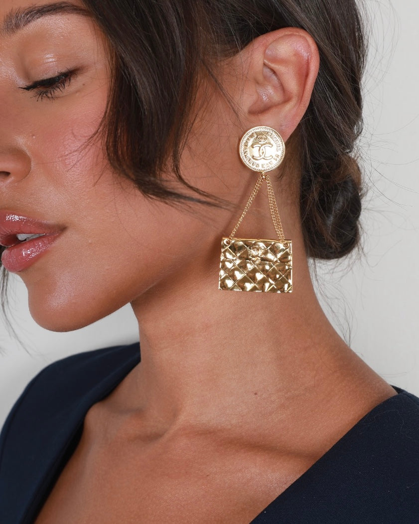 Chanel Gold Matelasse Bag And Cc Logo Coin Clip-On Earrings