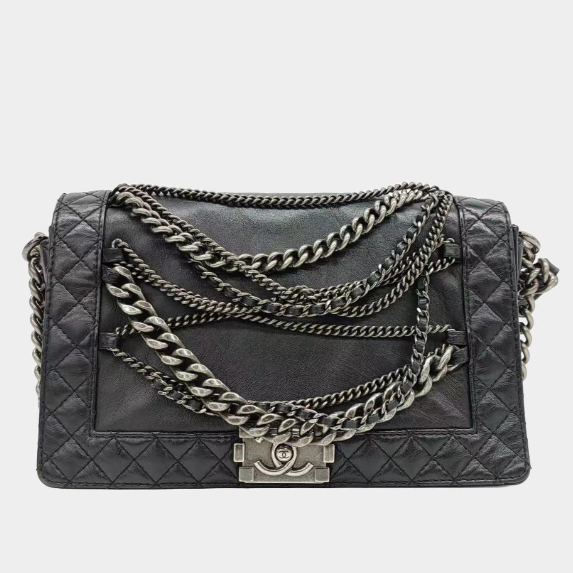 Chanel Enchained Boy Flap Black Leather Shoulder Bag