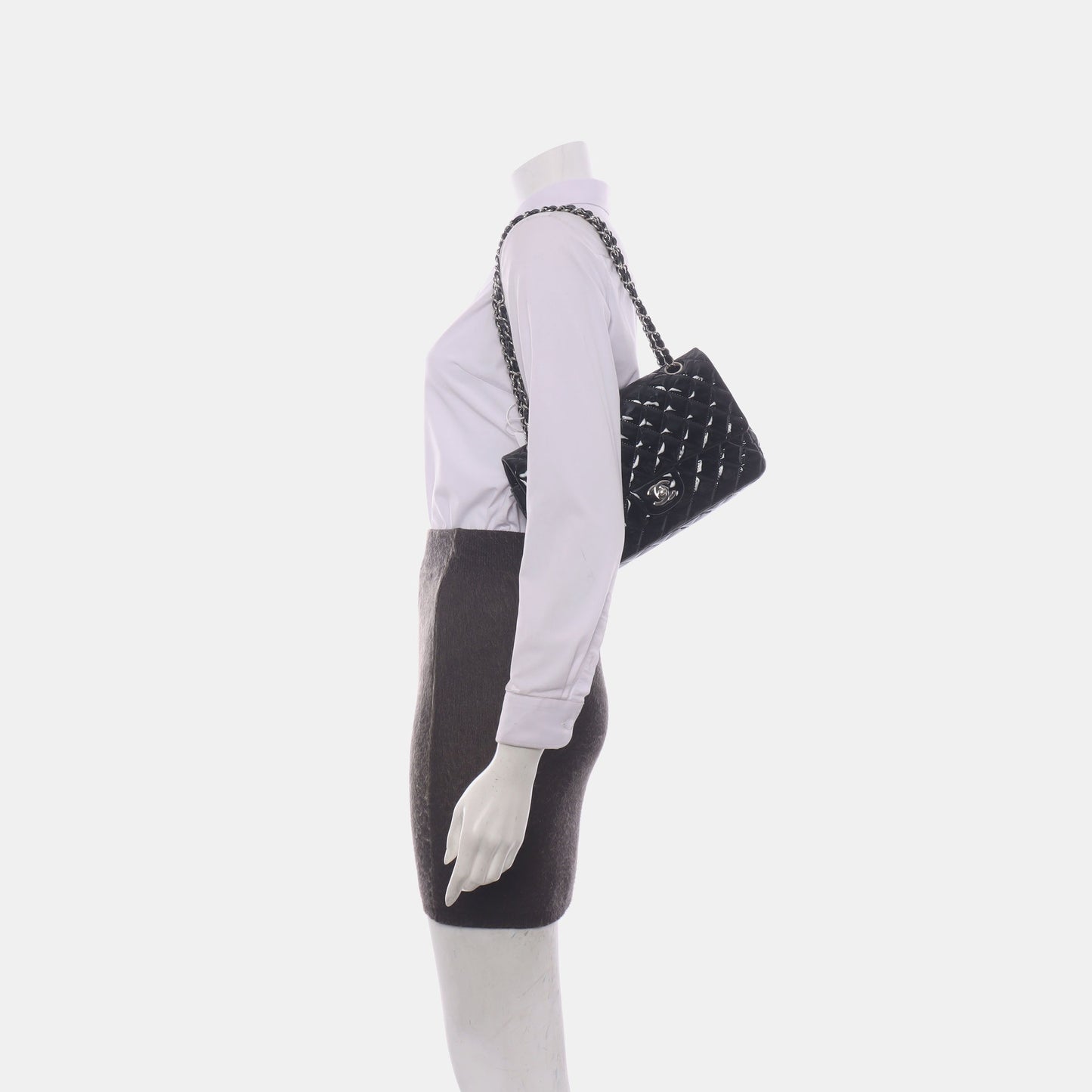 Chanel Classic Flap Patent HW Black Silver Leather Handbag