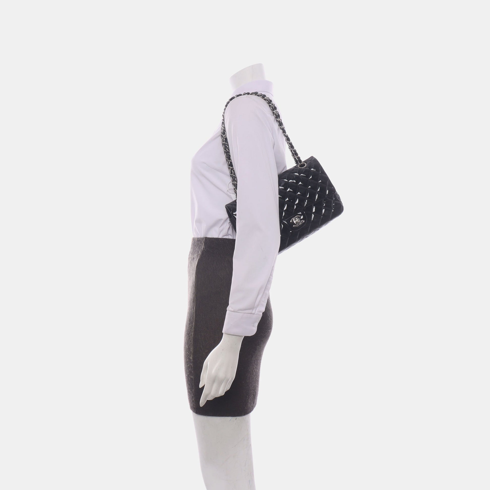 Chanel Classic Flap Patent HW Black Silver Leather Handbag