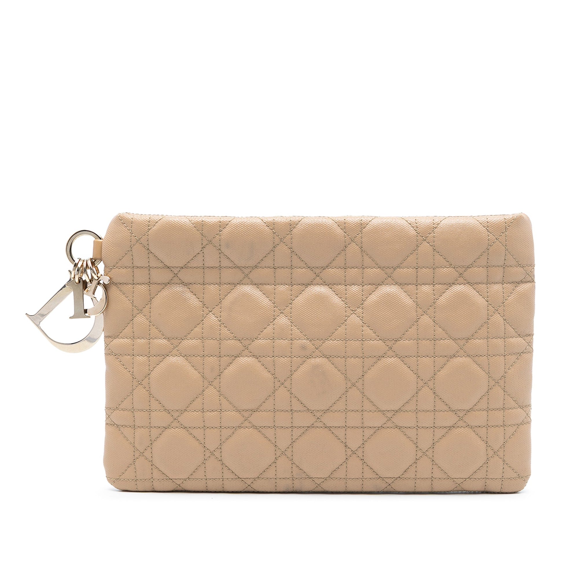 Dior Handbag Coated Cannage Lady Panarea Clutch Canvas Beige Clutch Bag