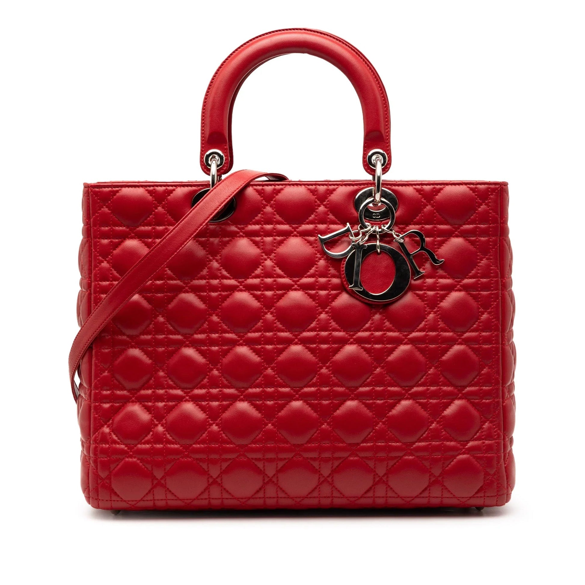 Dior Handbag Cannage Lady Satchel Lambskin Red Large Satchel Bag