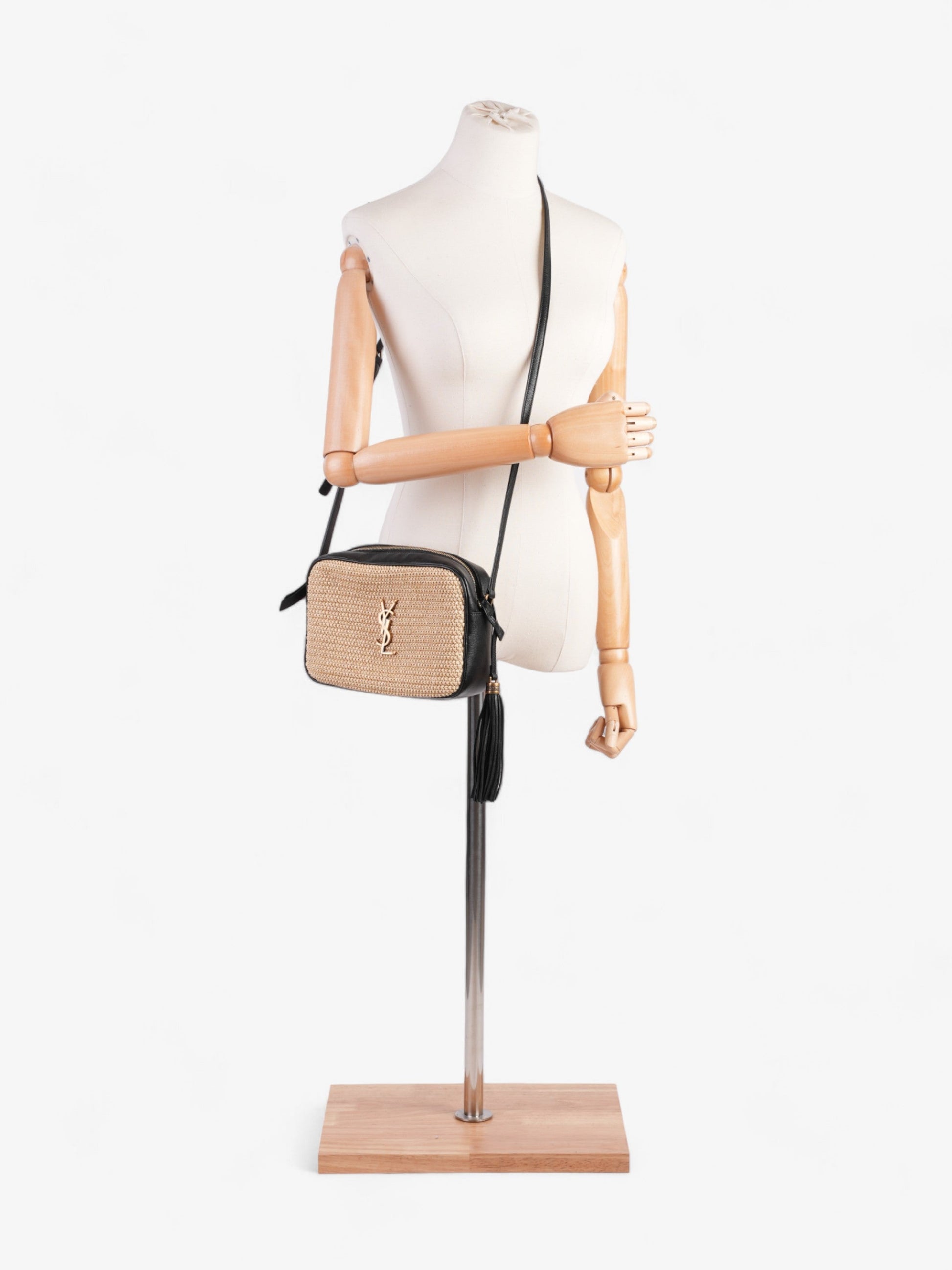 YSL Saint Laurent Lou Camera Natural Crossbody Bag Raffia Black