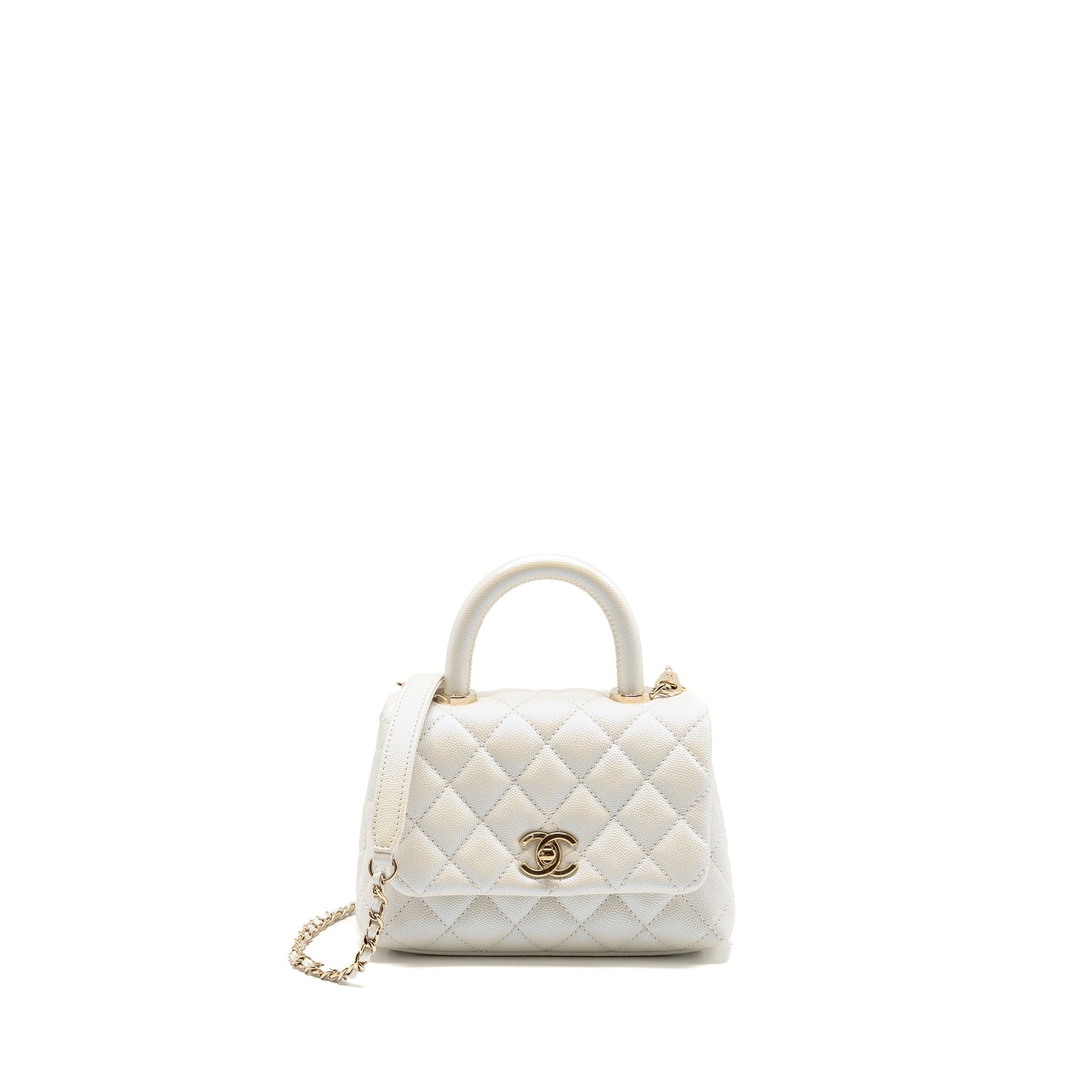 Chanel Coco handle caviar iridescent LGHW White Mini Bag