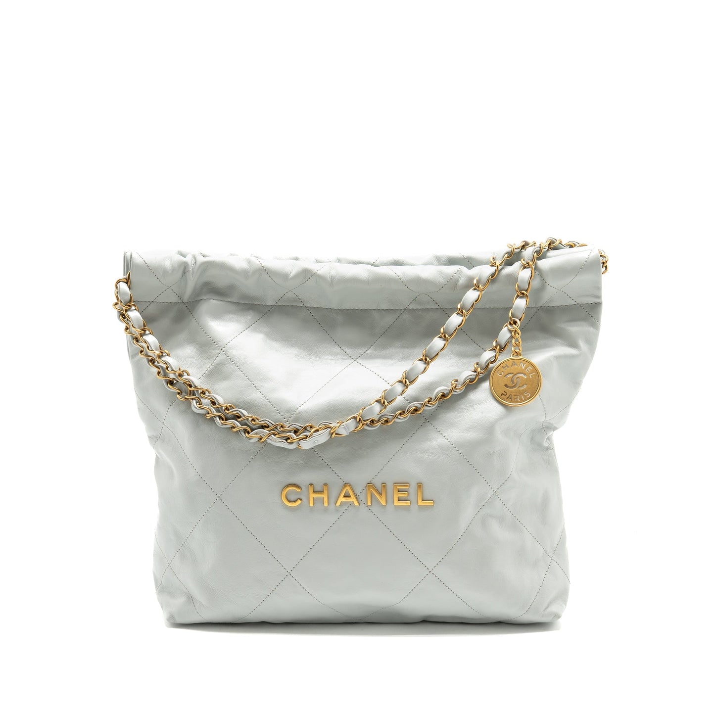 Chanel 22 Shiny Calfskin Light GHW Microchip Blue Small Handbag