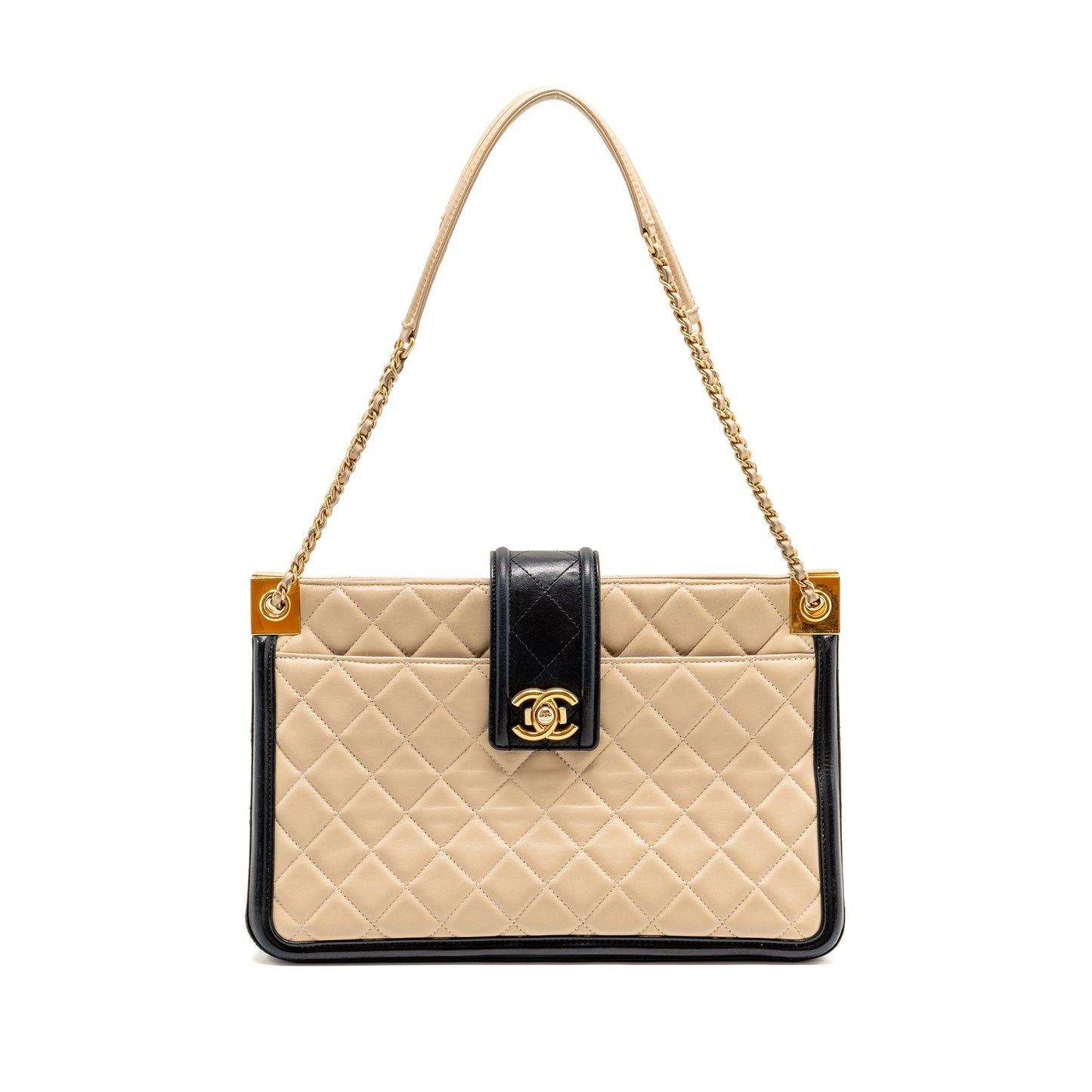 Chanel Elegant CC Quilted Lambskin GHW Black Beige Tote Bag