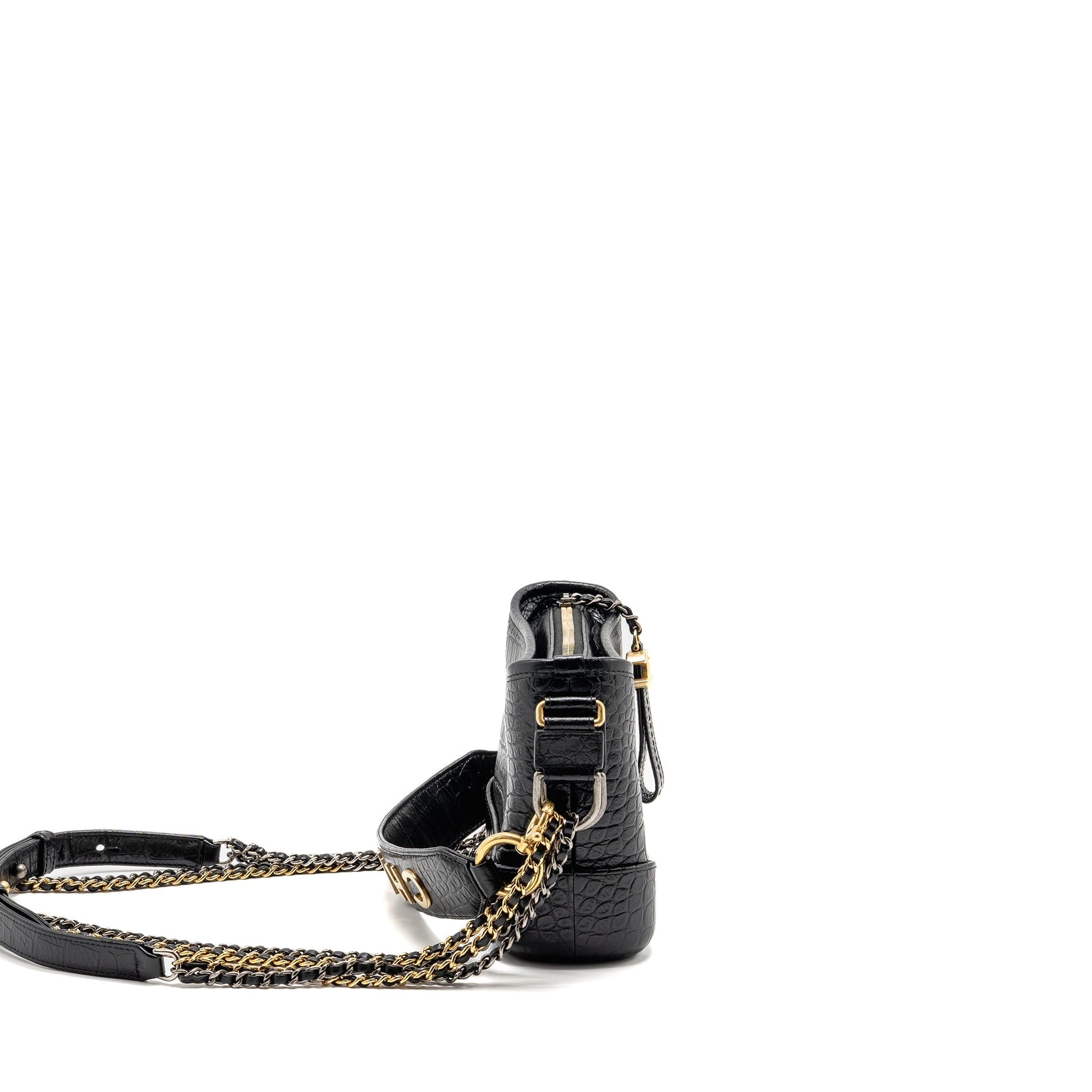 Chanel Gabrielle Hobo Top Handle Croc-Embossed Calfskin Black Small Shoulder Bag