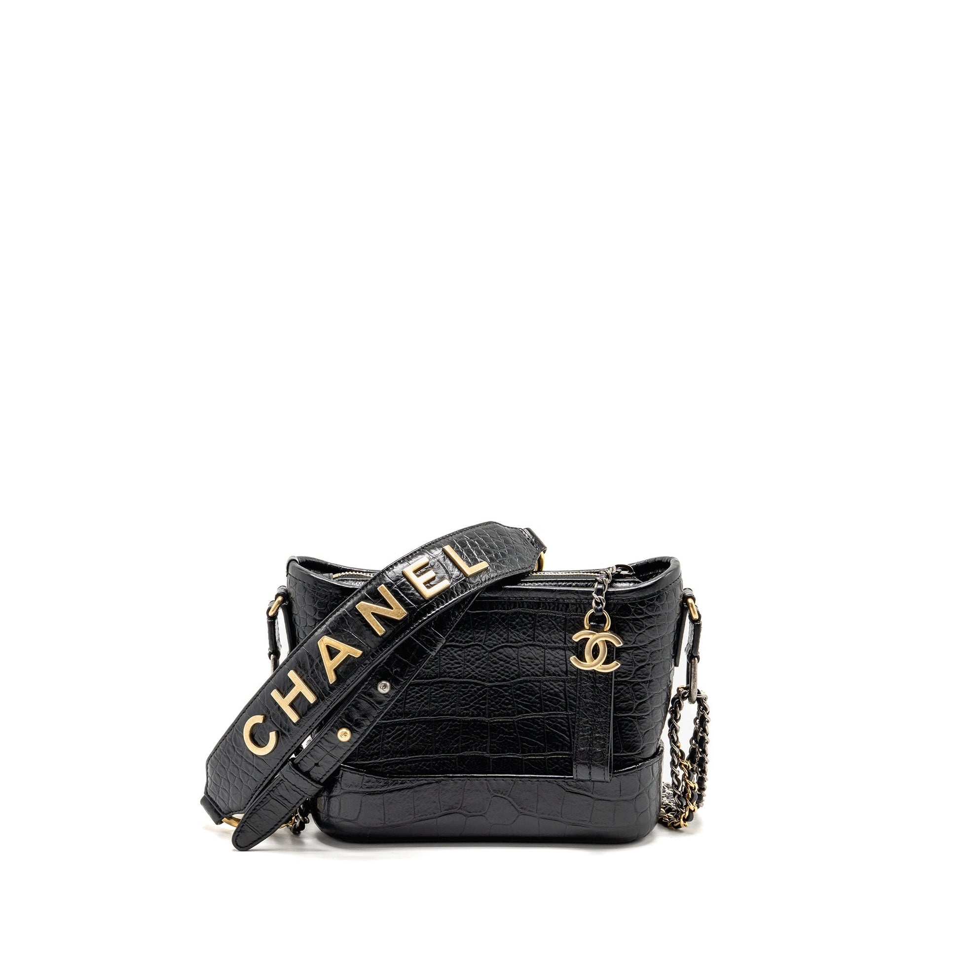 Chanel Gabrielle Hobo Top Handle Croc-Embossed Calfskin Black Small Shoulder Bag