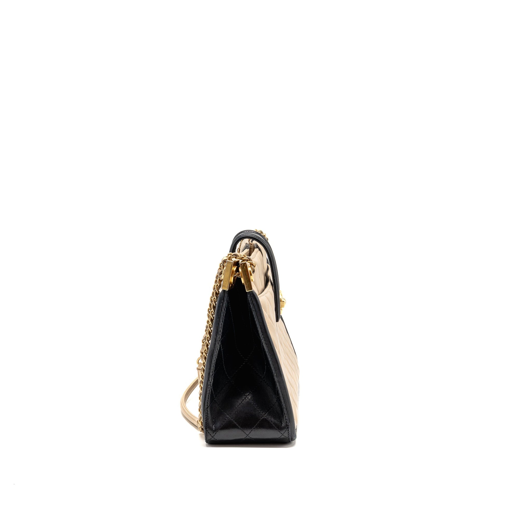 Chanel Elegant CC Quilted Lambskin GHW Black Beige Tote Bag