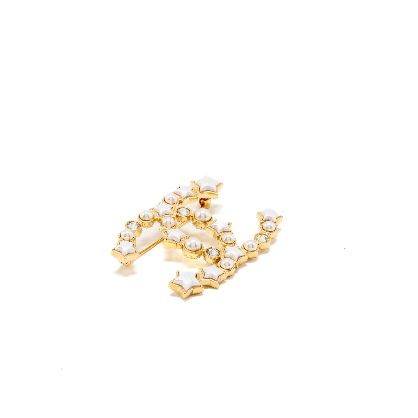Chanel CC Star Brooch Crystal Pearl Tone Gold Handbag