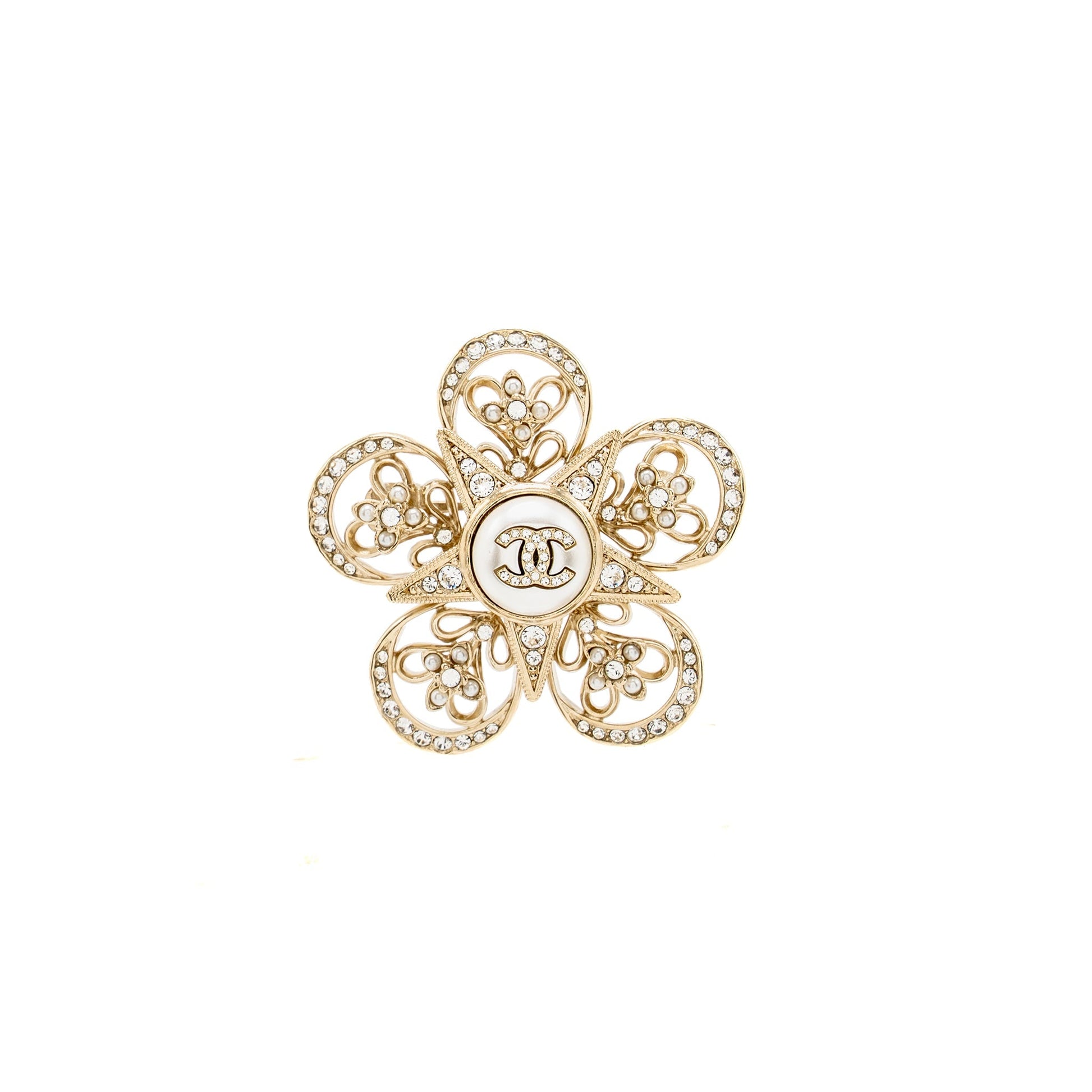Chanel CC Flower Star Brooch Pearl Crystal Gold Handbag