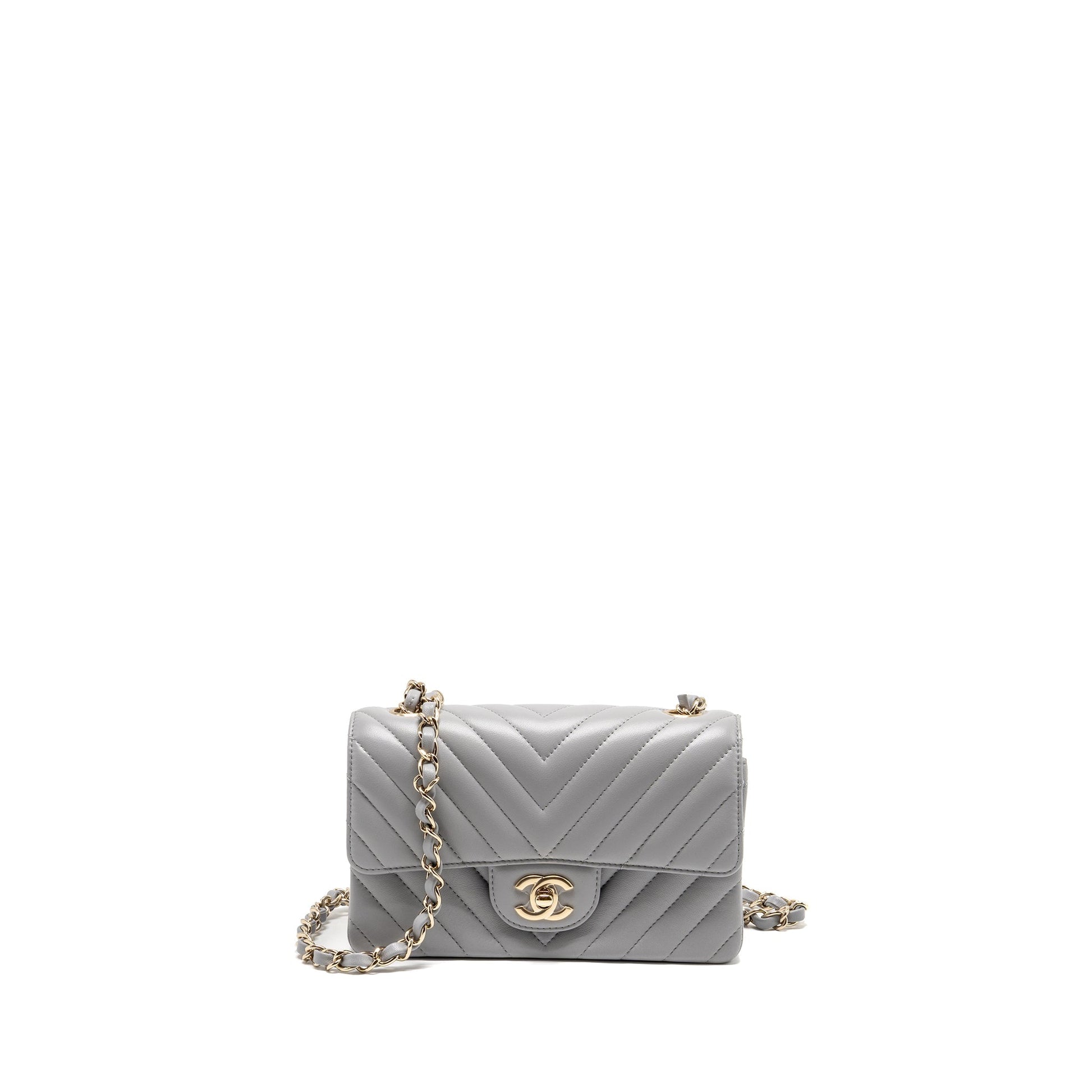 Chanel Rectangular Flap Chevron Lambskin LGHW Grey Shoulder Bag