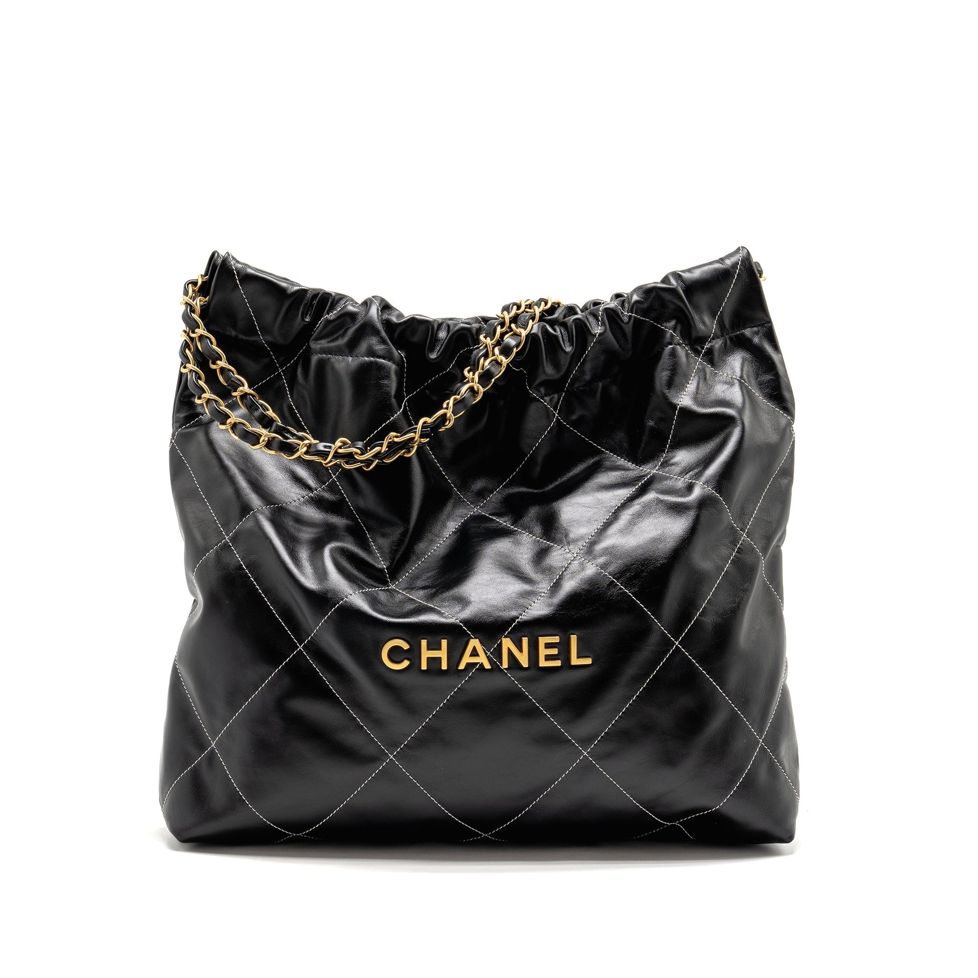 Chanel 22 Stitching Calfskin GHW Microchip Black White Small Handbag