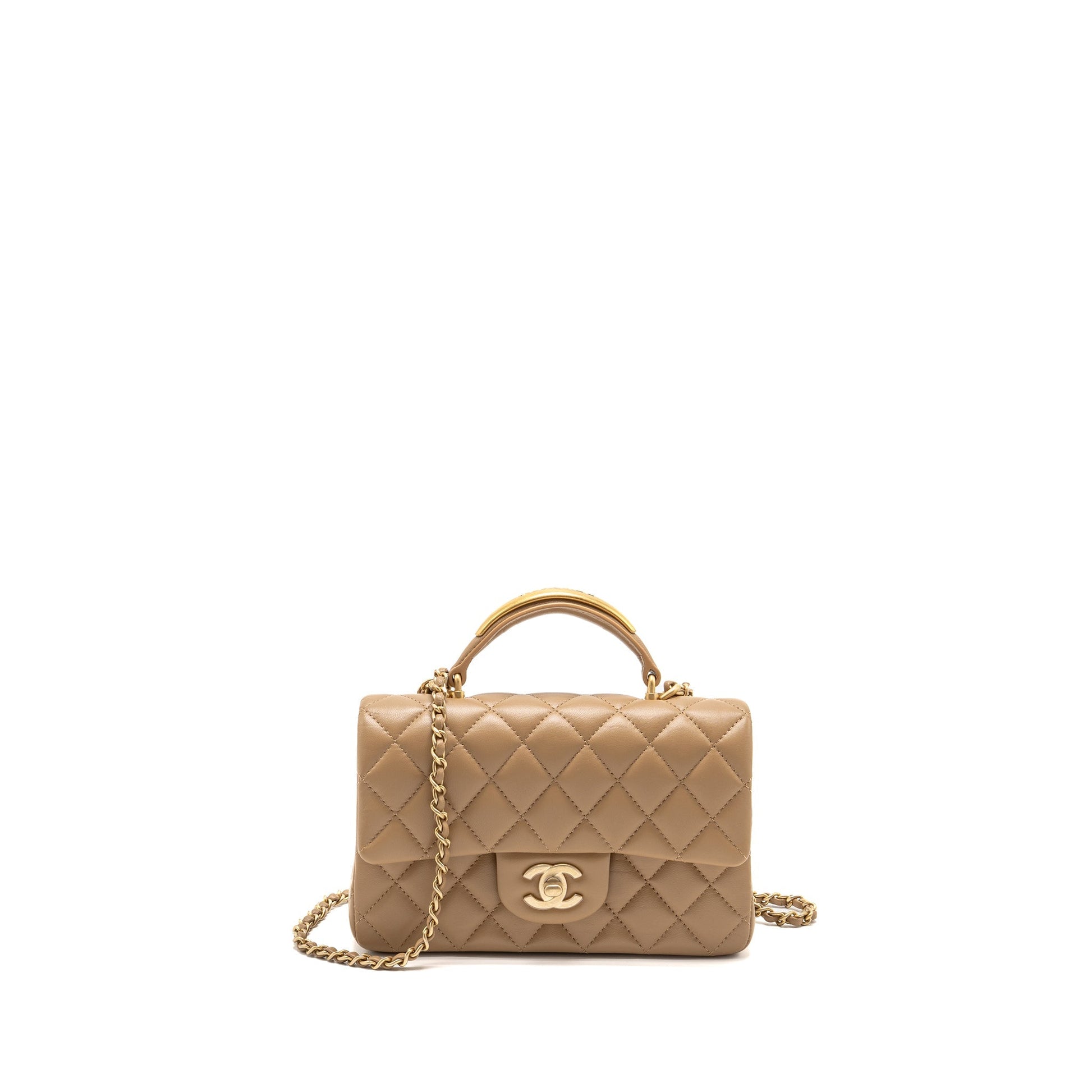 Chanel Top Handle Rectangular Lambskin Dark GHW Beige Mini Bag