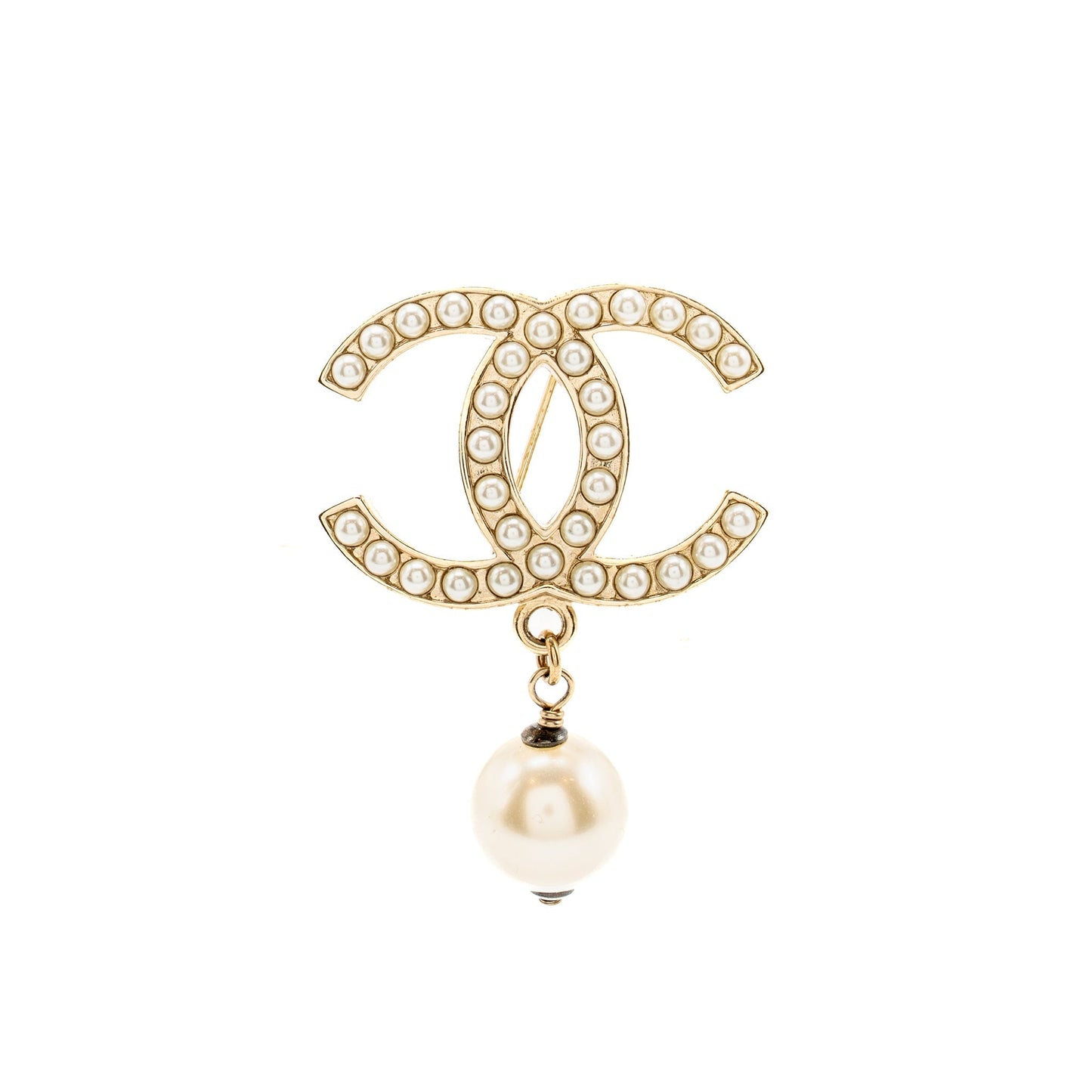 Chanel CC Brooch Pearl Drop Light Tone Gold Handbag