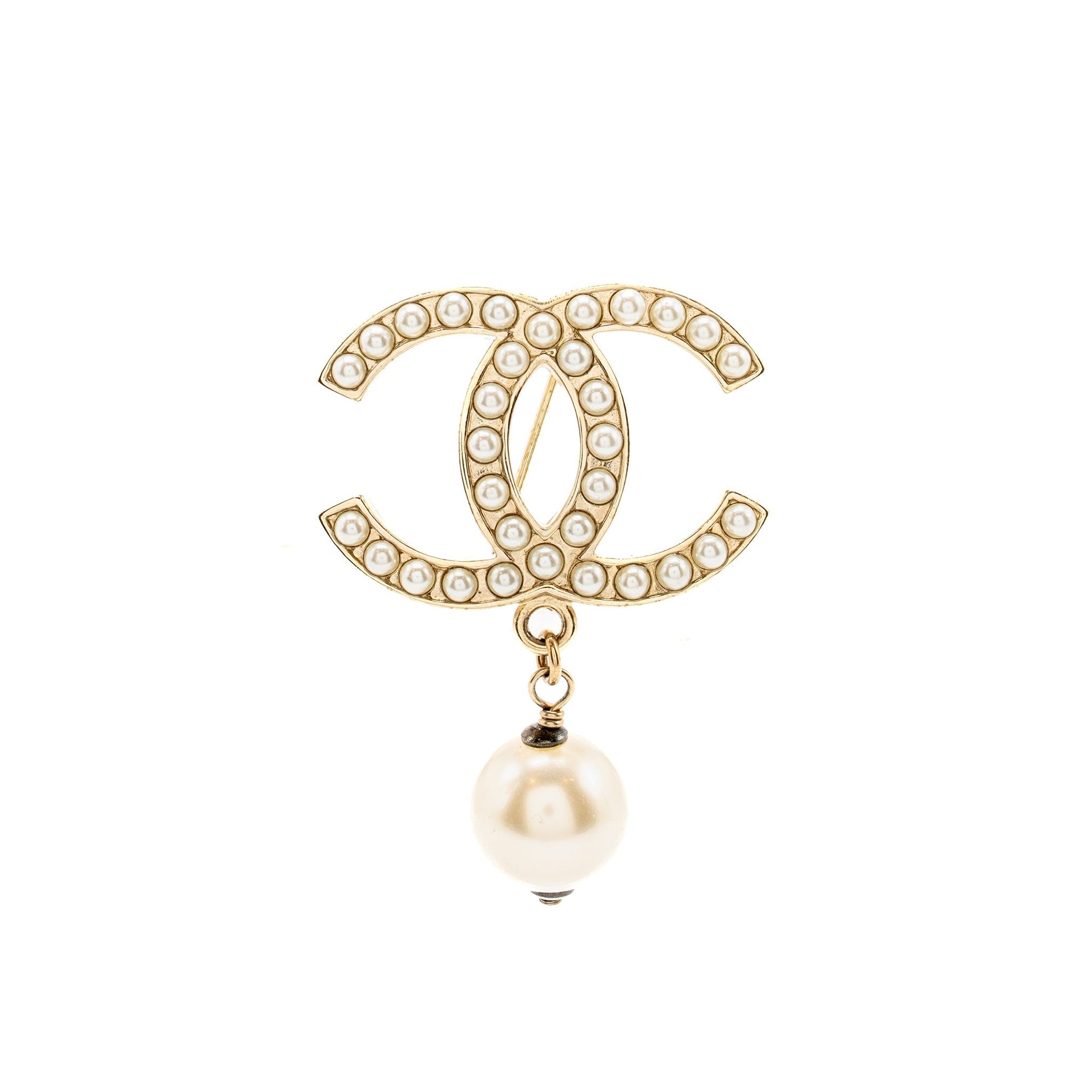 Chanel CC Brooch Pearl Drop Light Tone Gold Handbag