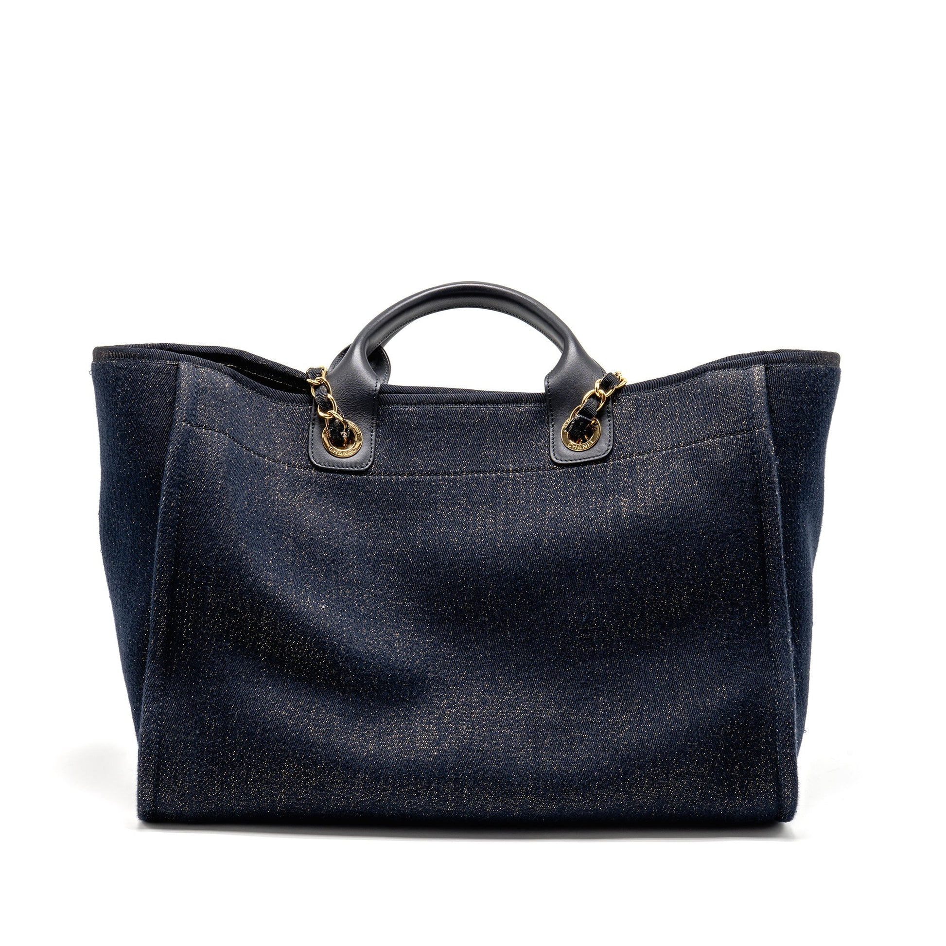 Chanel Deauville Shopping Denim Navy GHW Blue Gold Leather Tote Bag
