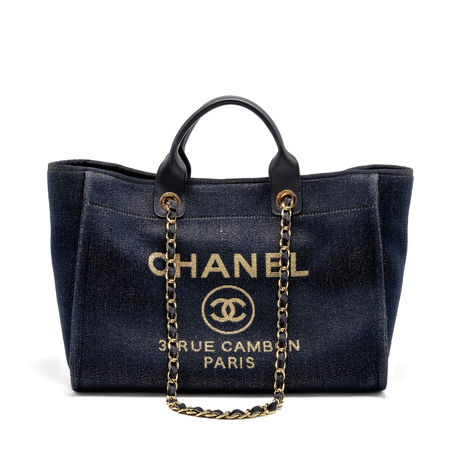 Chanel Deauville Shopping Denim Navy GHW Blue Gold Leather Tote Bag
