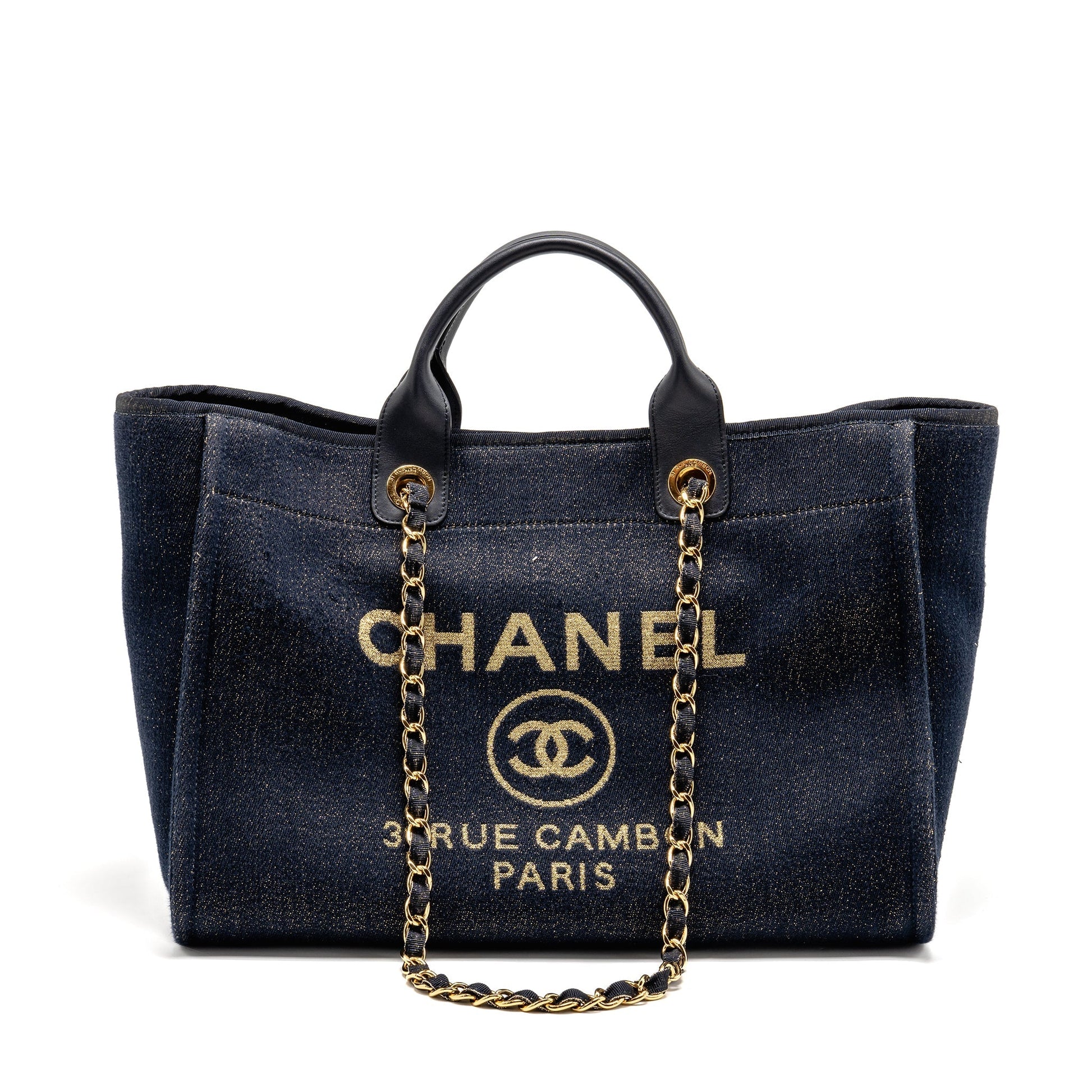 Chanel Deauville Shopping Denim Navy GHW Blue Gold Leather Tote Bag