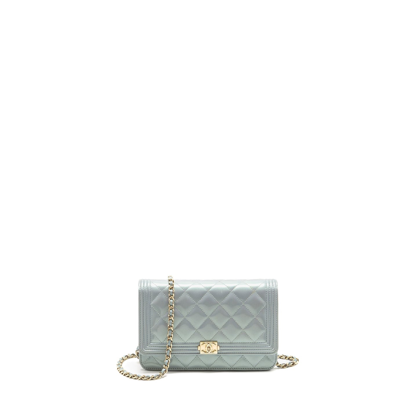 Chanel Boy on Patent Calfskin Iridescent Light Blue Wallet Case