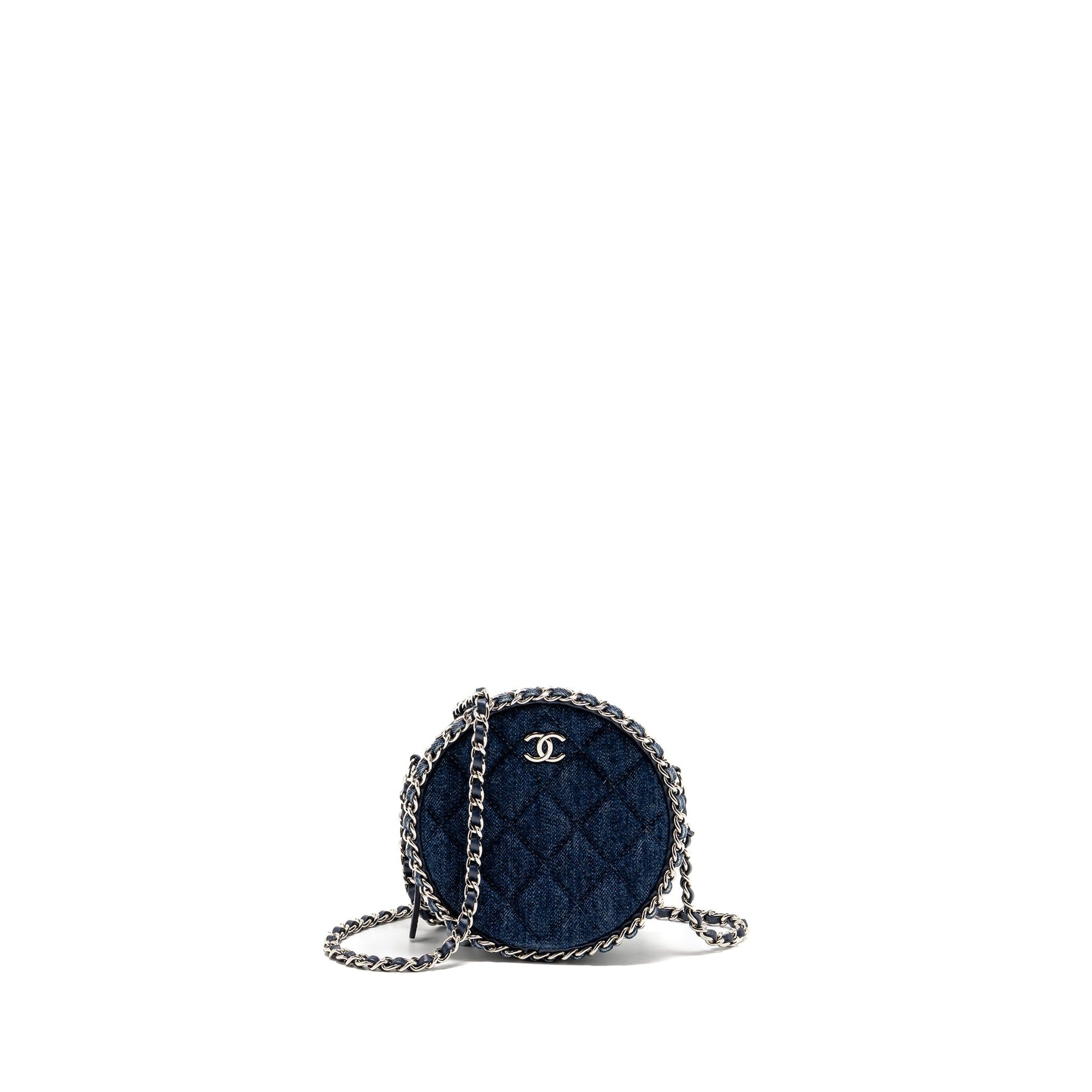 Chanel CC Quilted Round Denim Dark SHW Black Blue Clutch Bag
