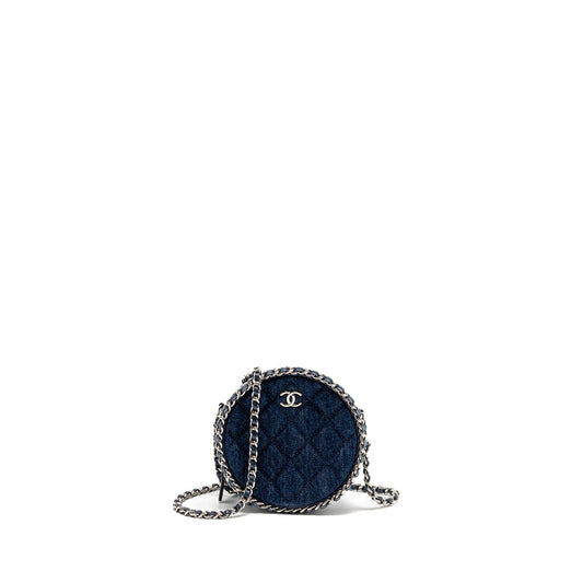 Chanel CC Quilted Round Denim Dark SHW Black Blue Clutch Bag