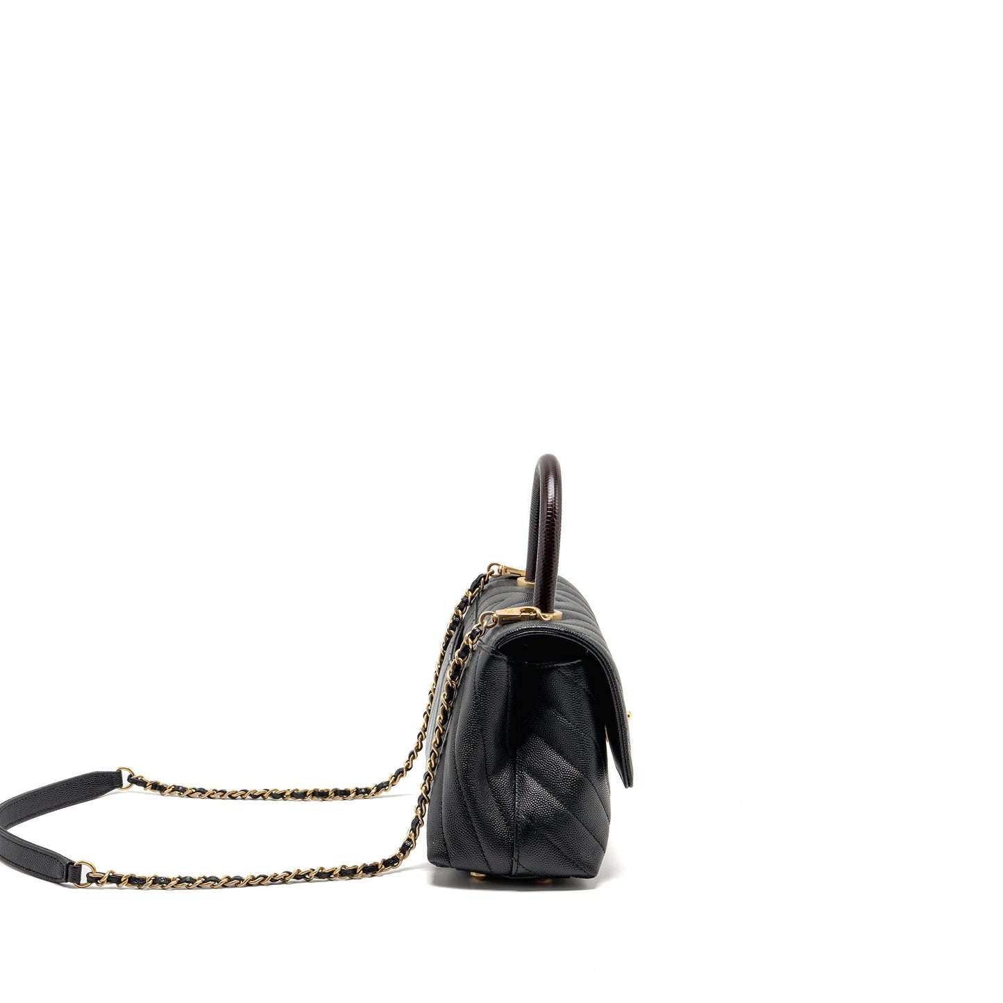 Chanel coco handle lizard embossed handle chevron Black Small Handbag