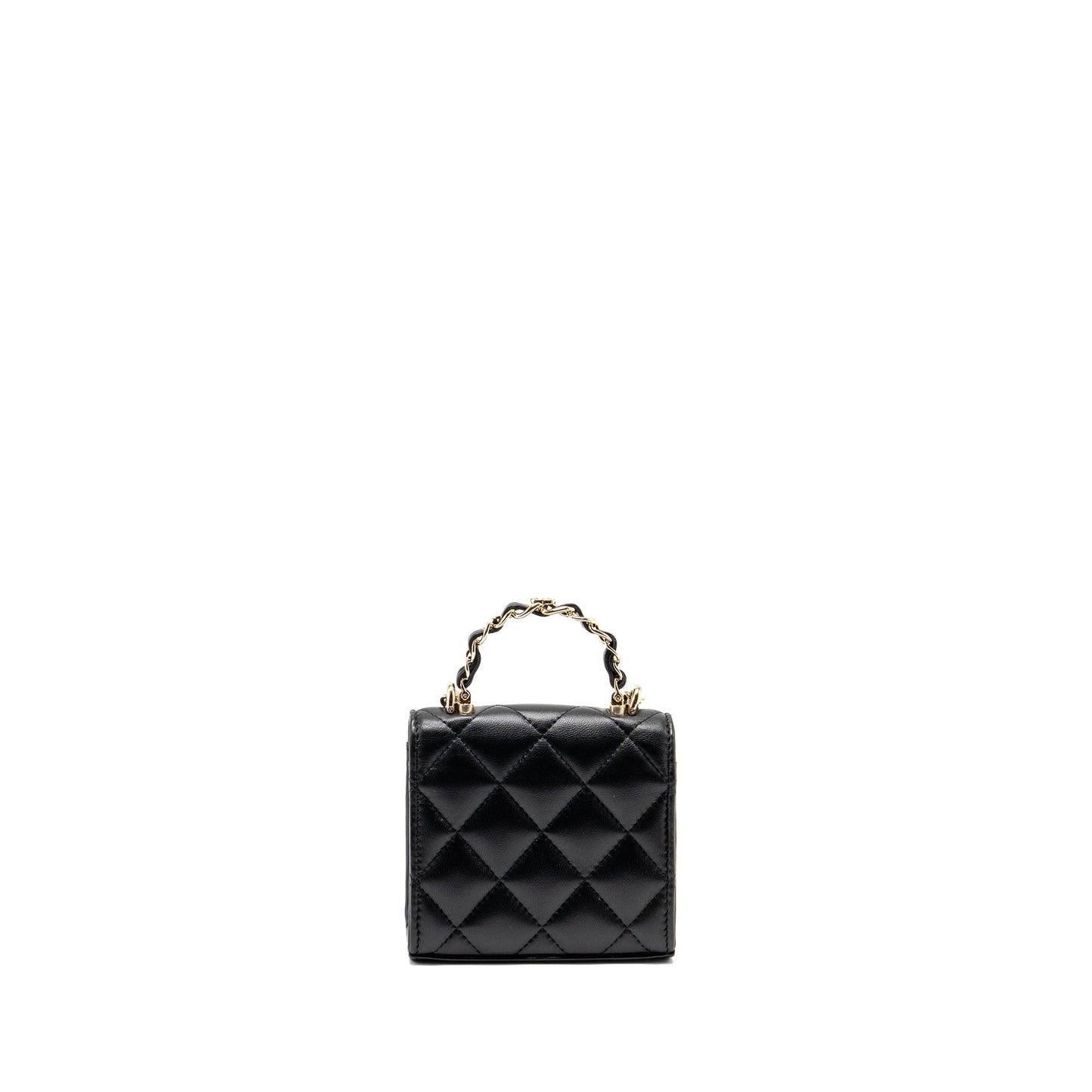 Chanel Detailed Top Handle Lambskin LGHW Microchip Black Clutch Bag