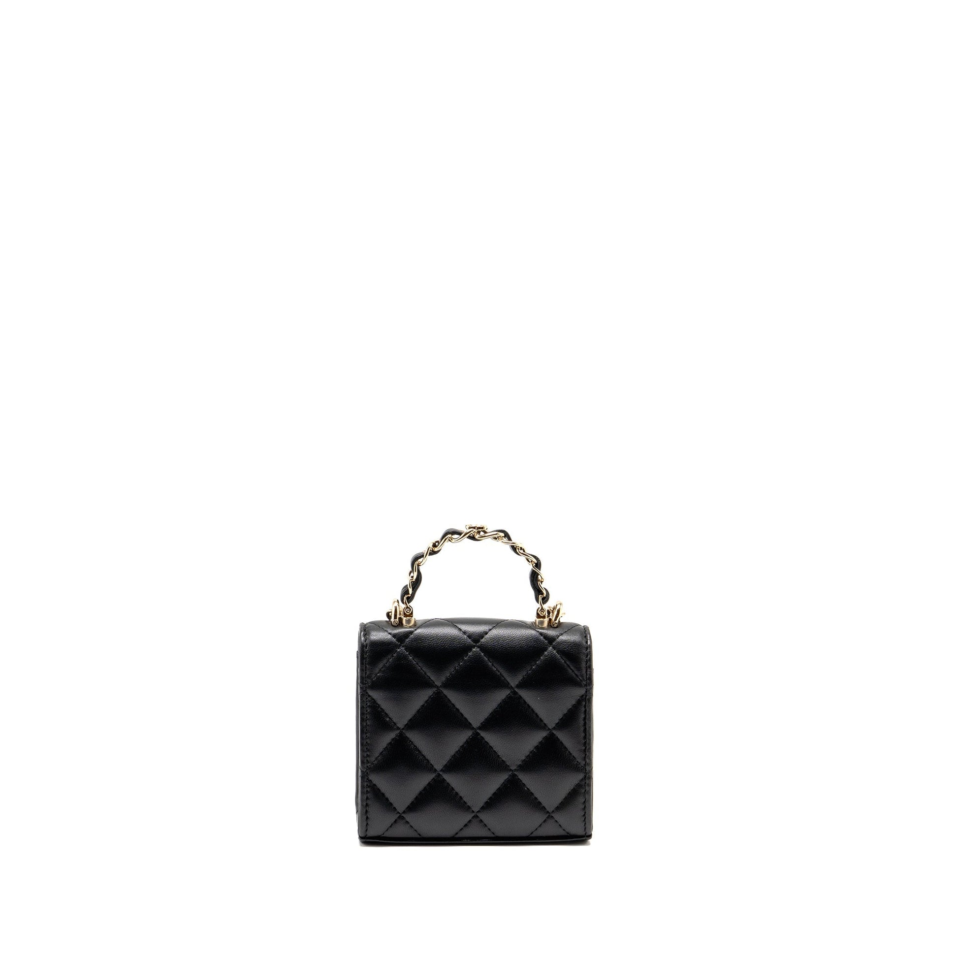 Chanel Detailed Top Handle Lambskin LGHW Microchip Black Clutch Bag