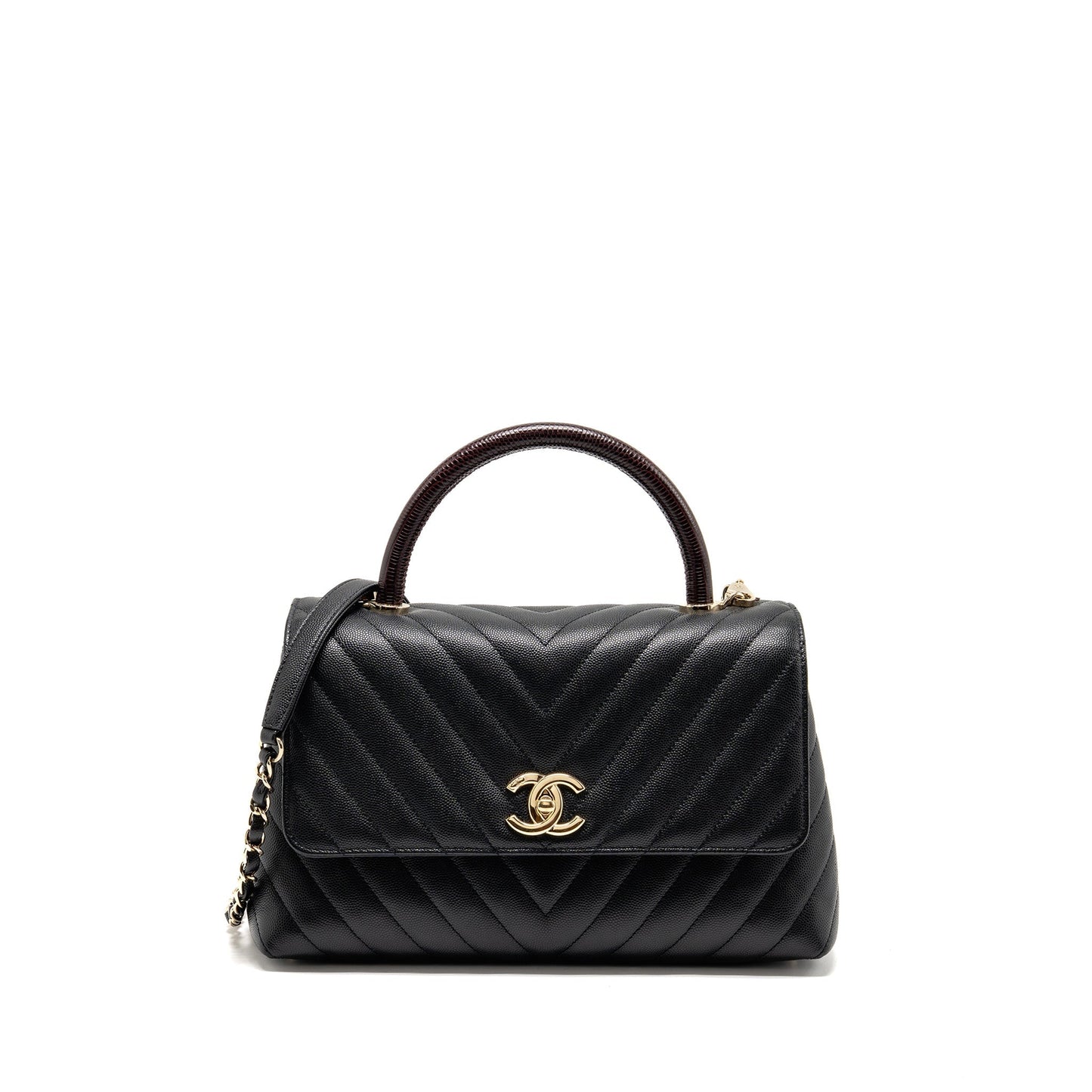 Chanel Chevron Coco Handle Caviar burgundy handle Black Handbag