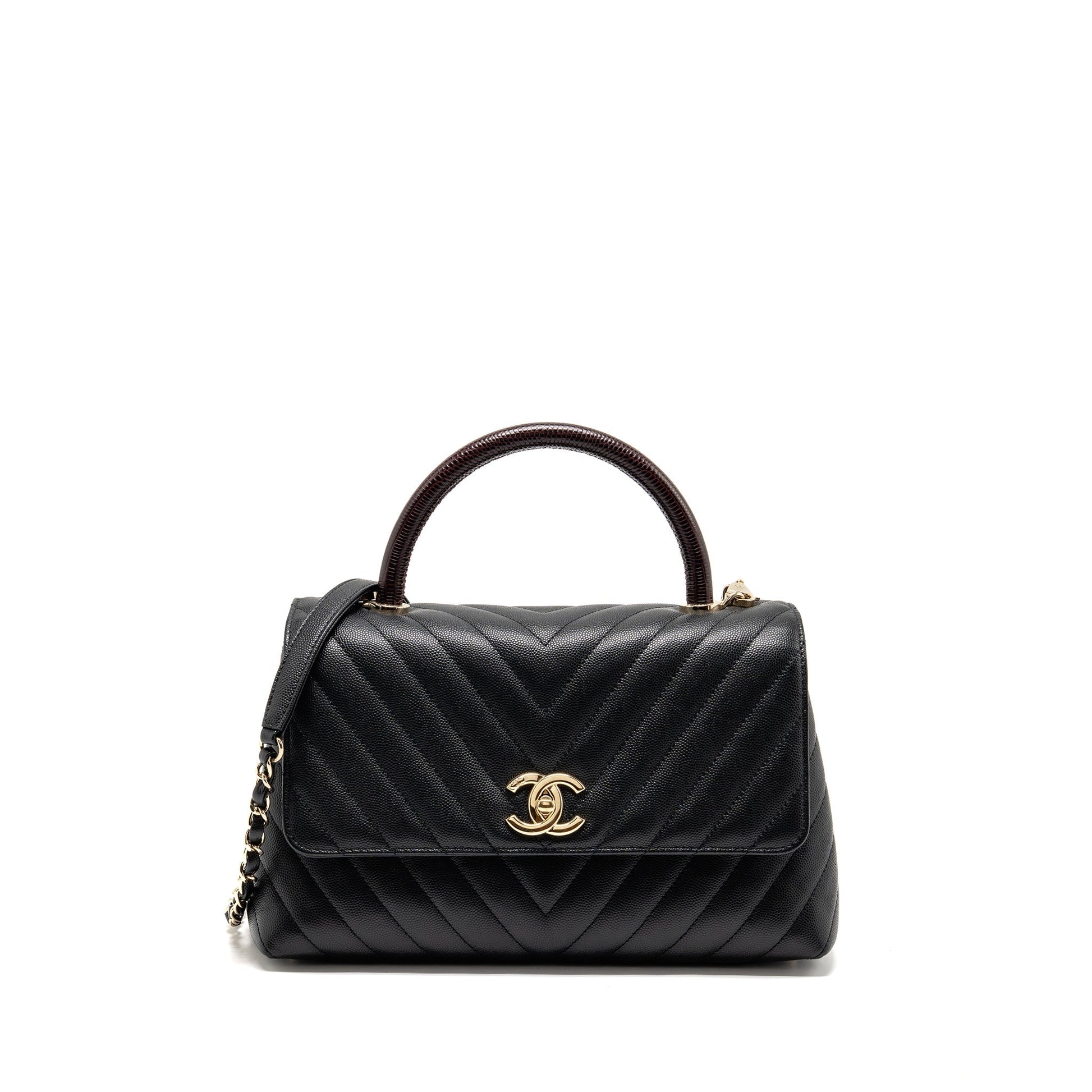 Chanel Chevron Coco Handle Caviar burgundy handle Black Handbag