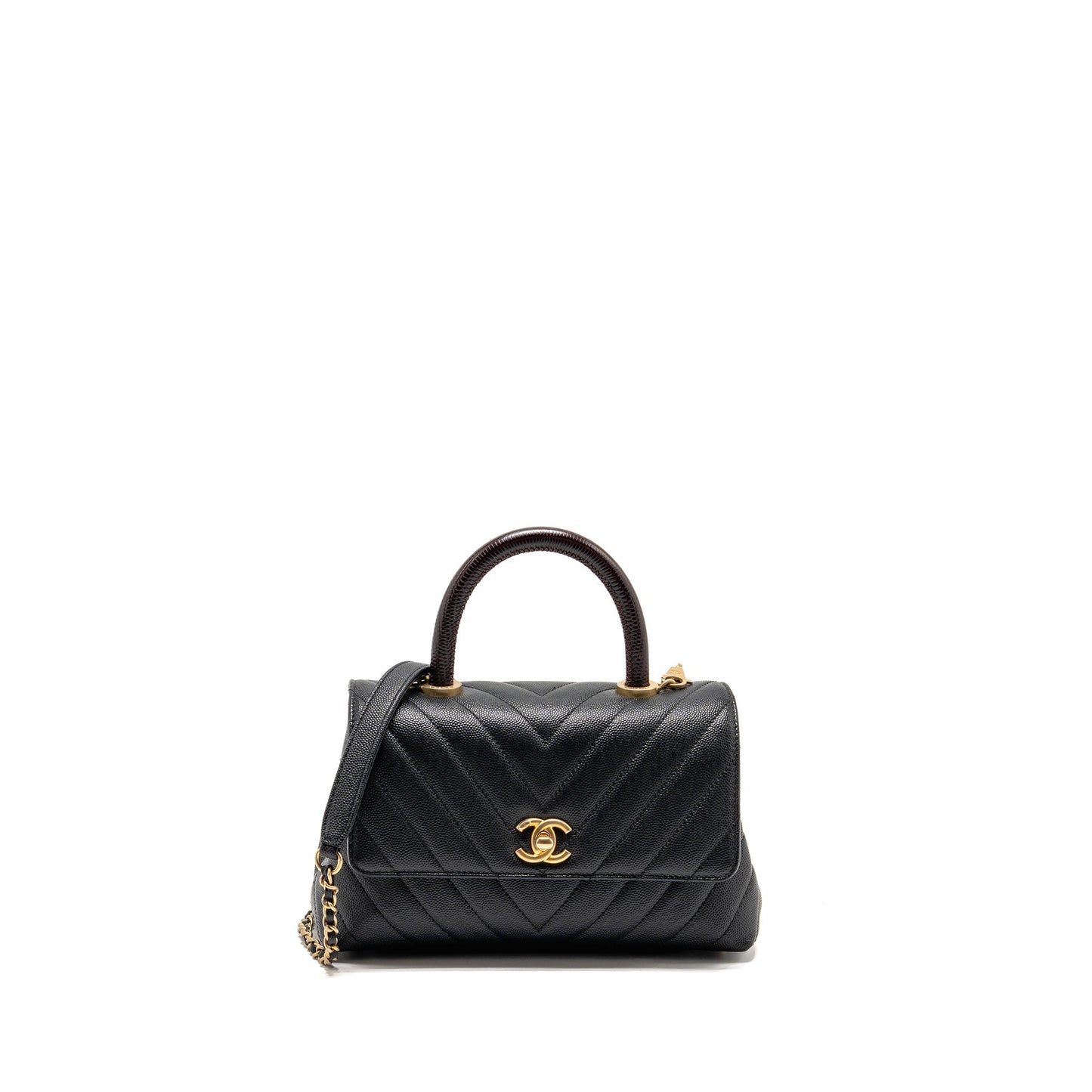 Chanel coco handle lizard embossed handle chevron Black Small Handbag