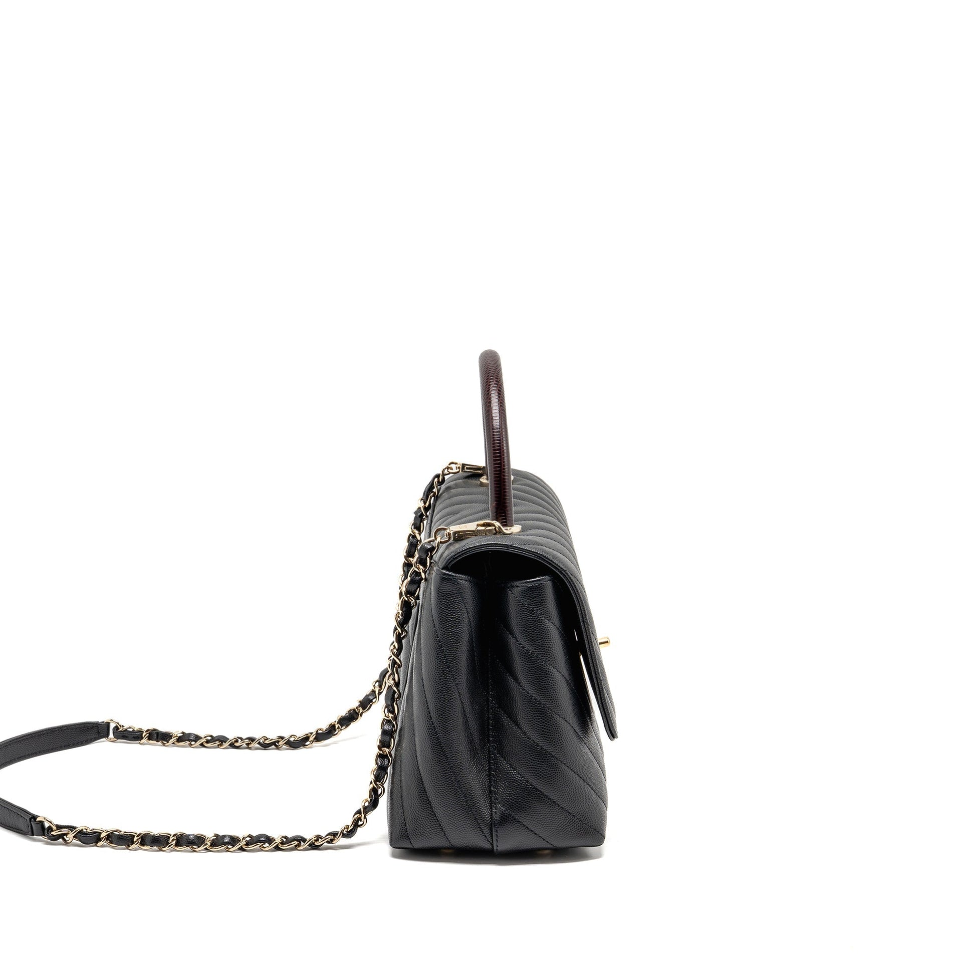 Chanel Chevron Coco Handle Caviar burgundy handle Black Handbag
