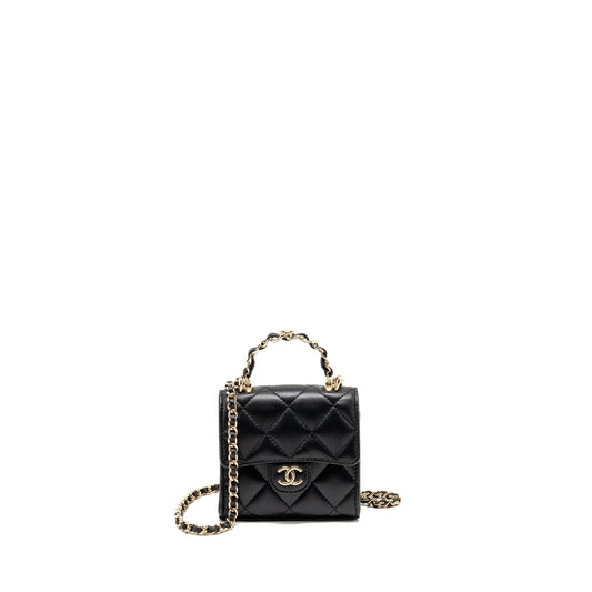 Chanel Detailed Top Handle Lambskin LGHW Microchip Black Clutch Bag