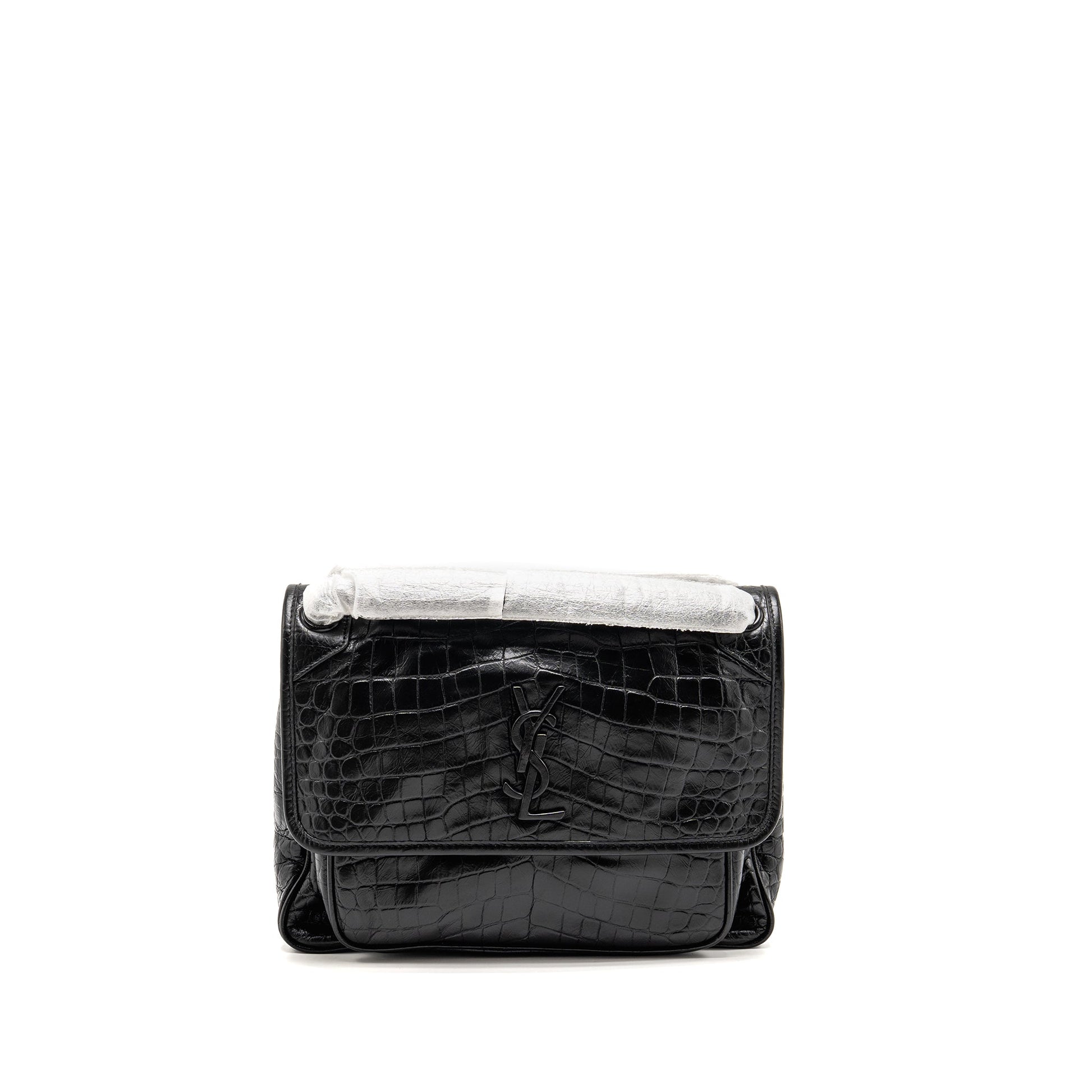 YSL Saint Laurent Niki Purse Crocodile Calfskin Hardware Black Medium Embossed Travel Bag