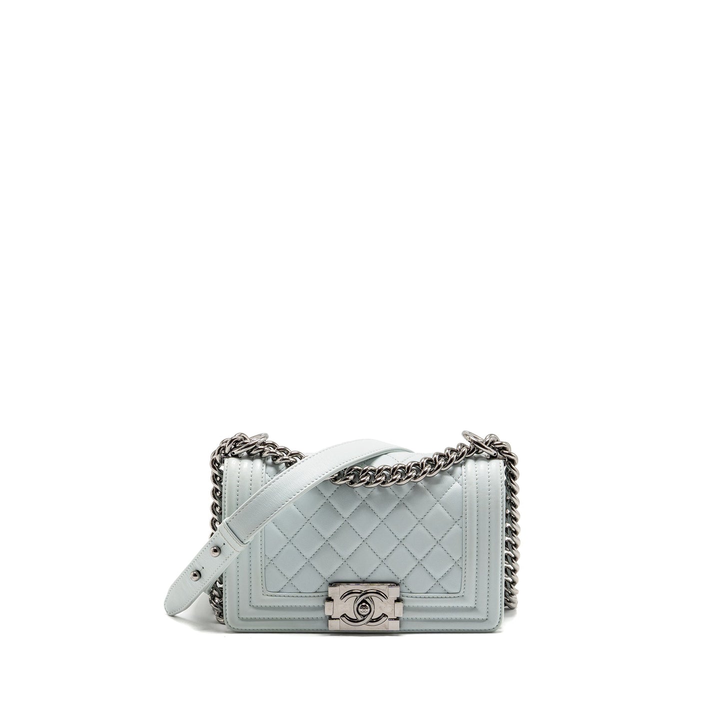 Chanel Boy Calfskin Light SHW Microchip White Blue Small Handbag