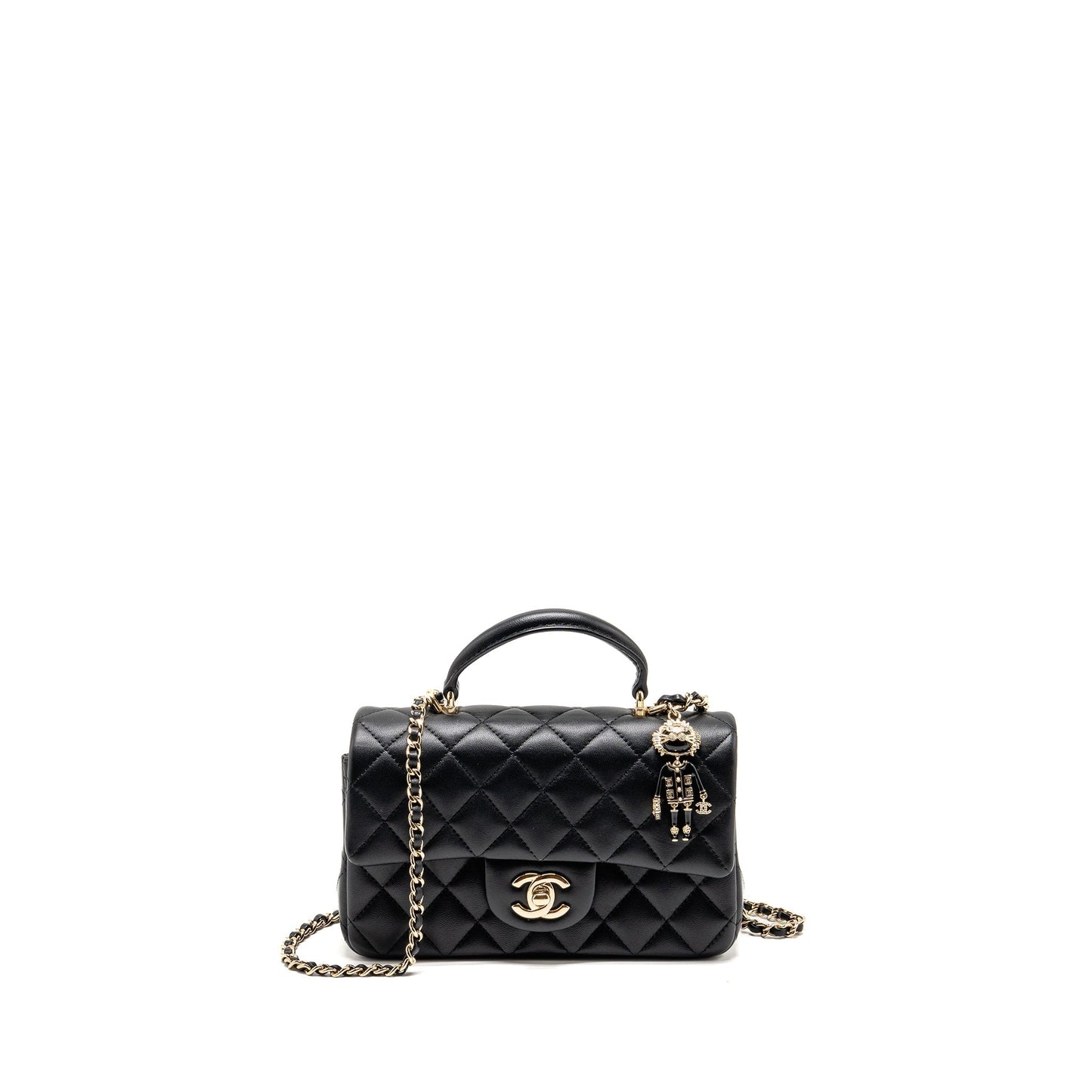 Chanel Top Handle Rectangular Detailed Charm Lambskin Black Key Chain