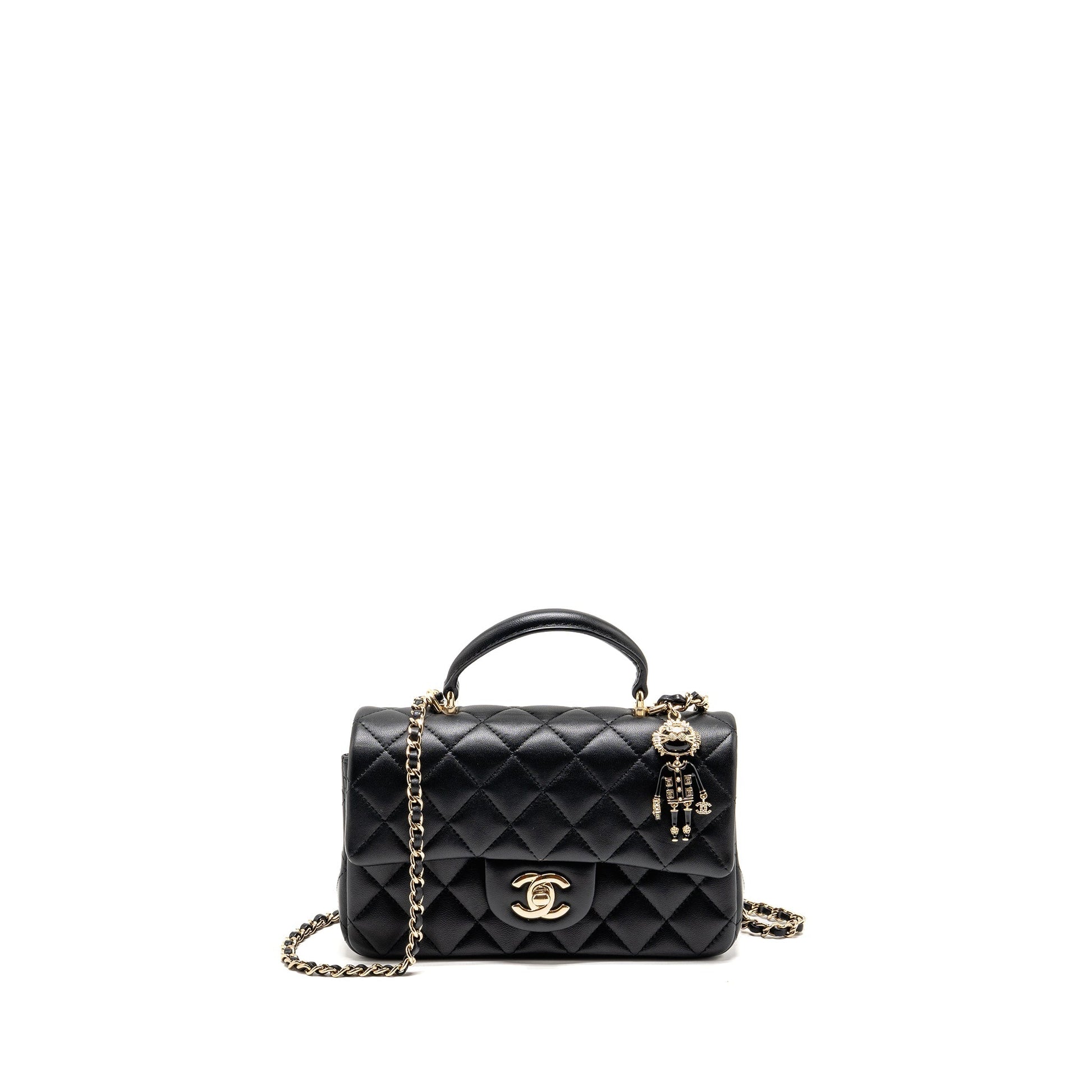 Chanel Top Handle Rectangular Detailed Charm Lambskin Black Key Chain