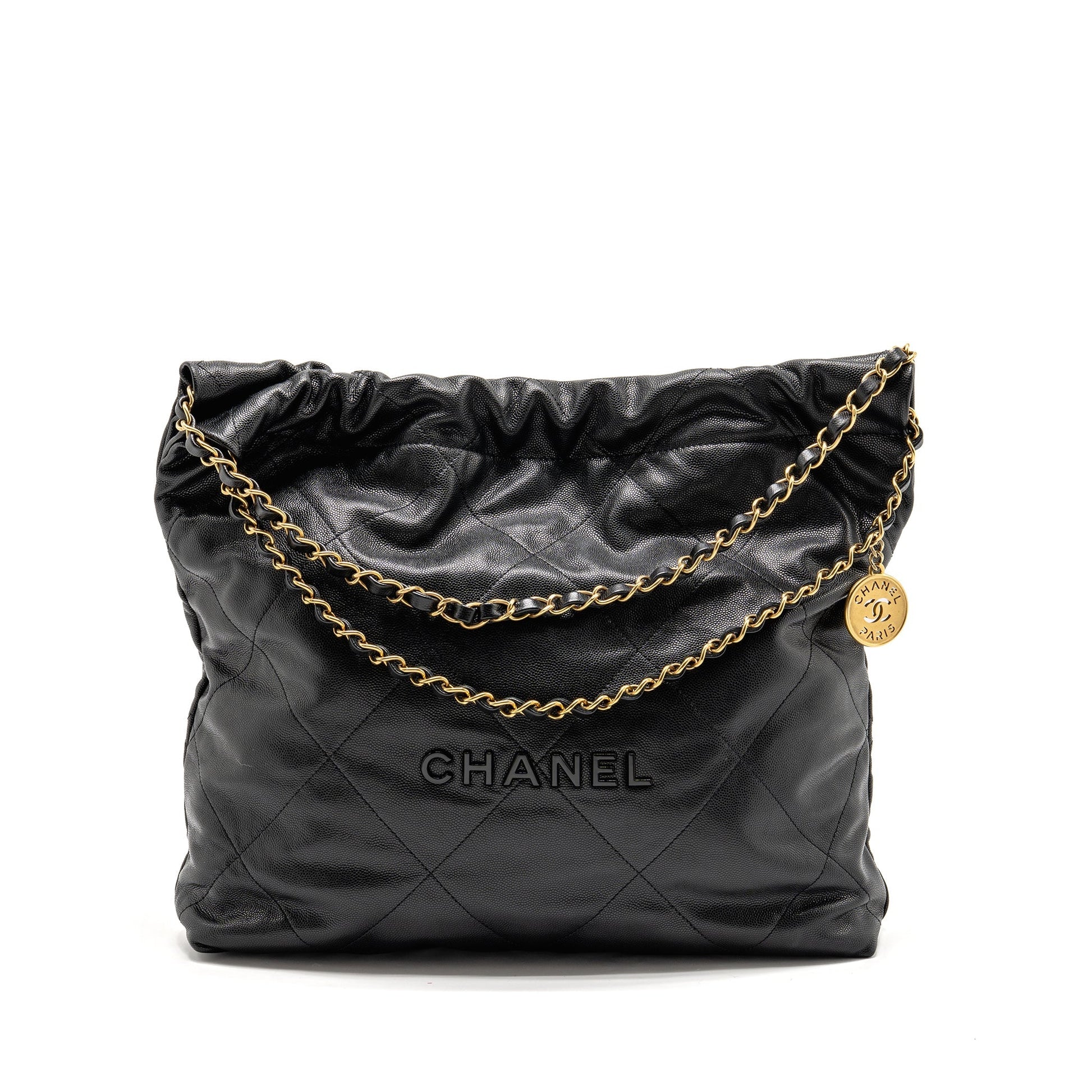 Chanel 22 Letter Caviar GHW Microchip Black Handbag