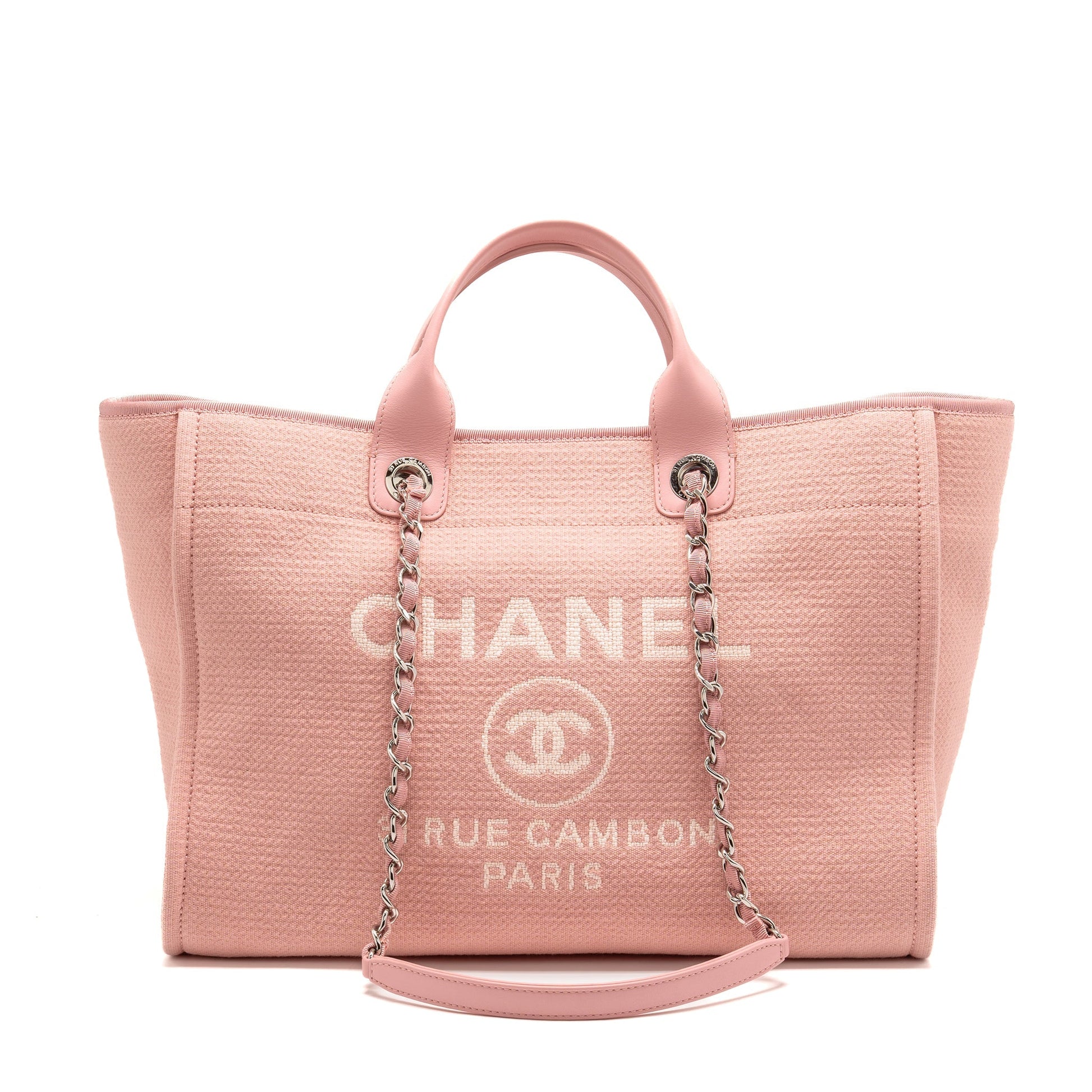 Chanel Deauville SHW Microchip White Pink Canvas Leather Tote Bag