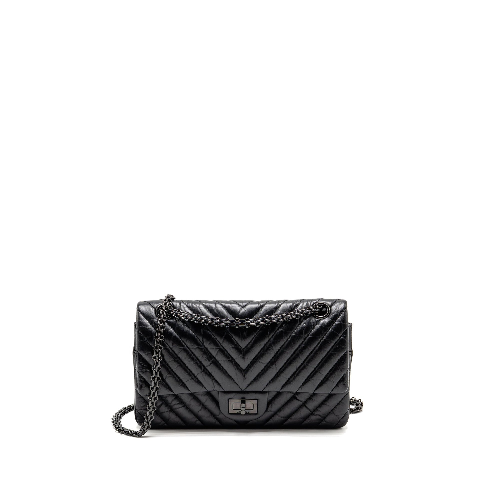 Chanel 2.55 Reissue Double Flap Chevron Aged Black Small Shoulder Bag So Black