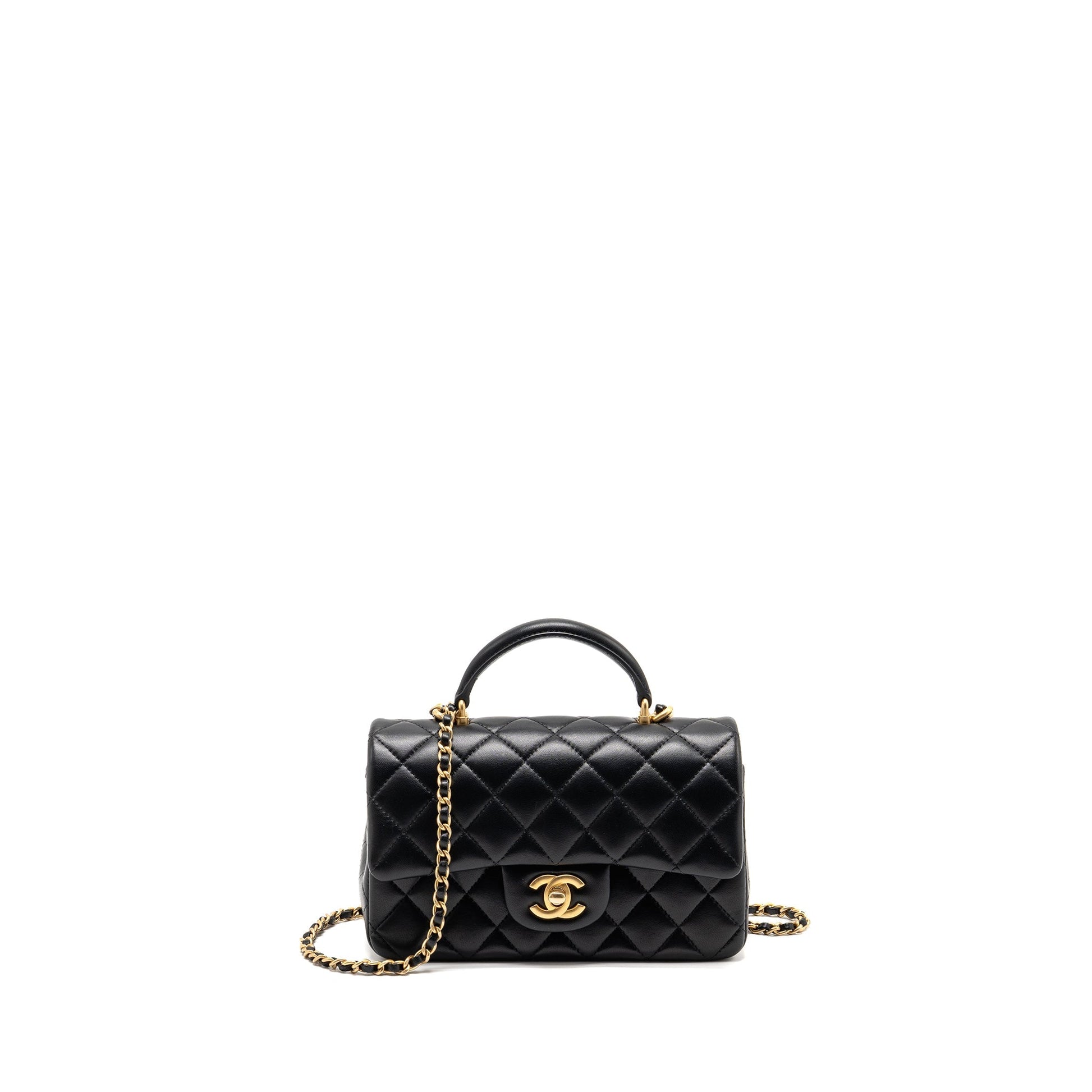 Chanel Top Handle Rectangular Lambskin GHW microchip Black Mini Bag