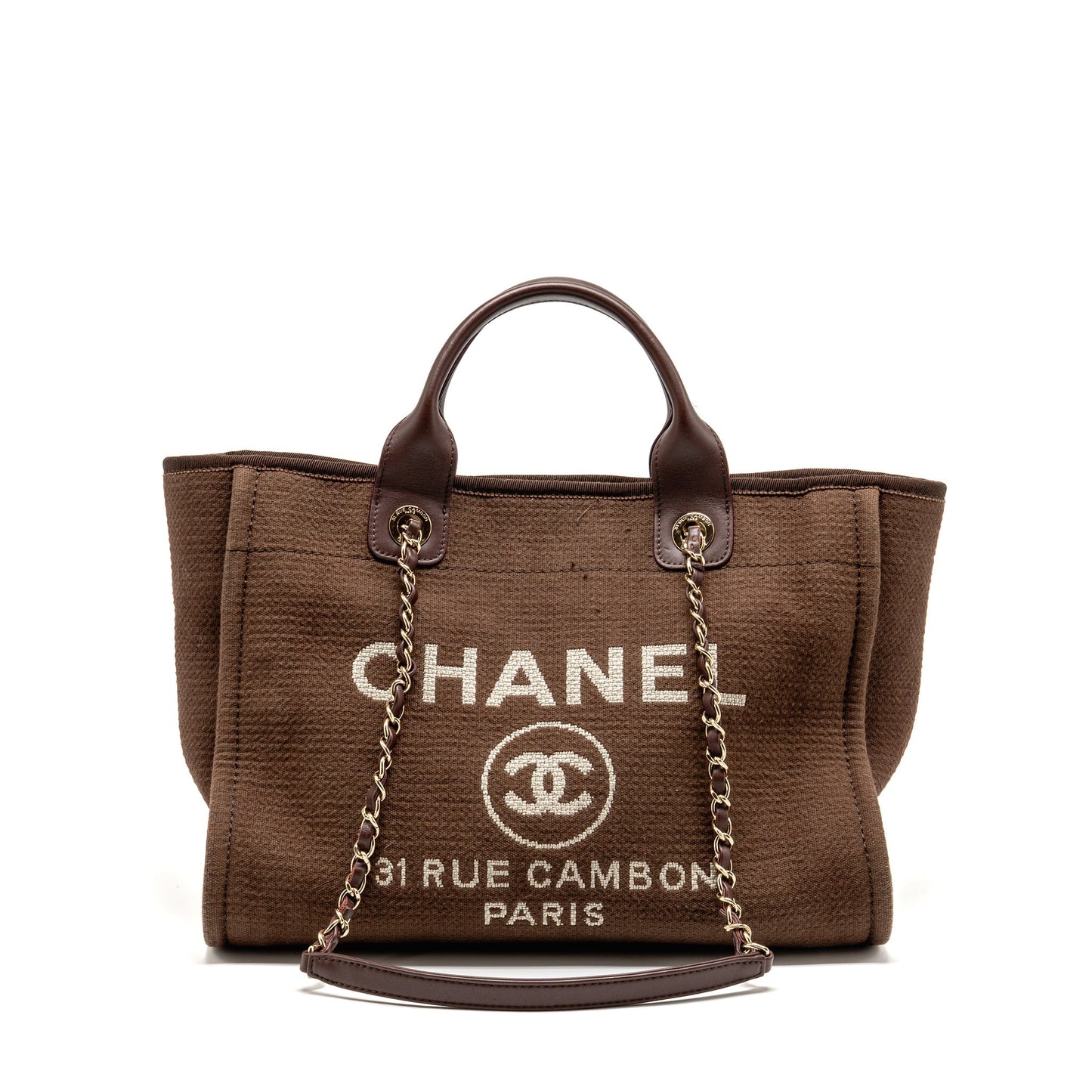 Chanel Deauville dark LGHW microchip Brown Small Canvas Tote Bag