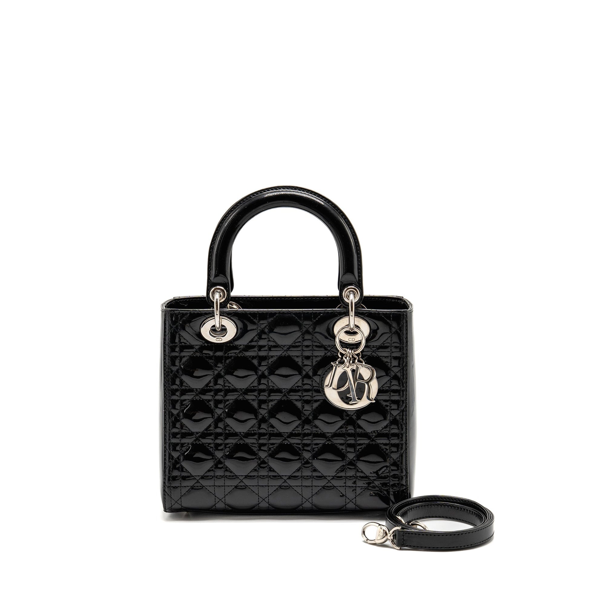 Dior Lady Patent Handbag Black Medium Travel Bag