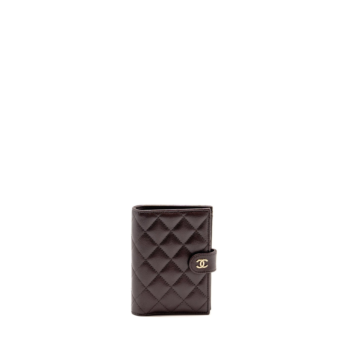 Chanel Quilted Passport Holder Shiny Grained Calfskin Brown Travel Bag