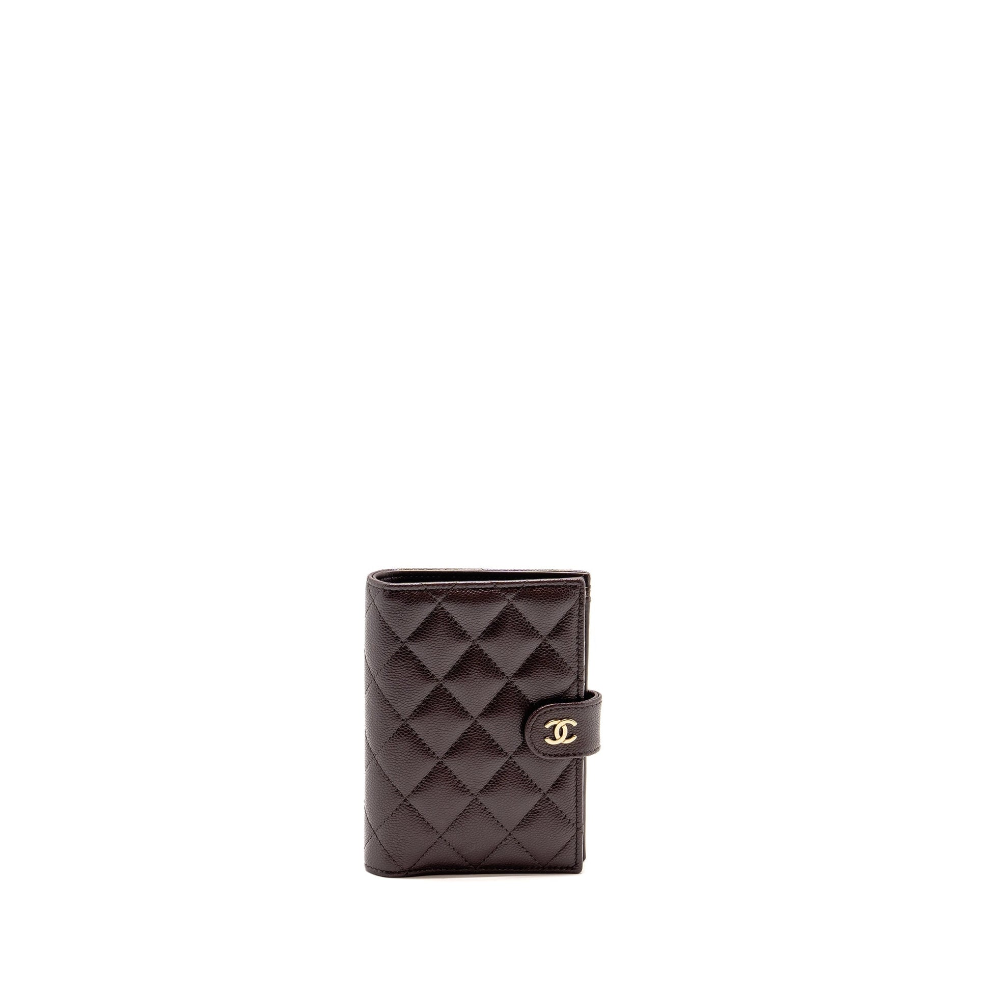 Chanel Quilted Passport Holder Shiny Grained Calfskin Brown Travel Bag