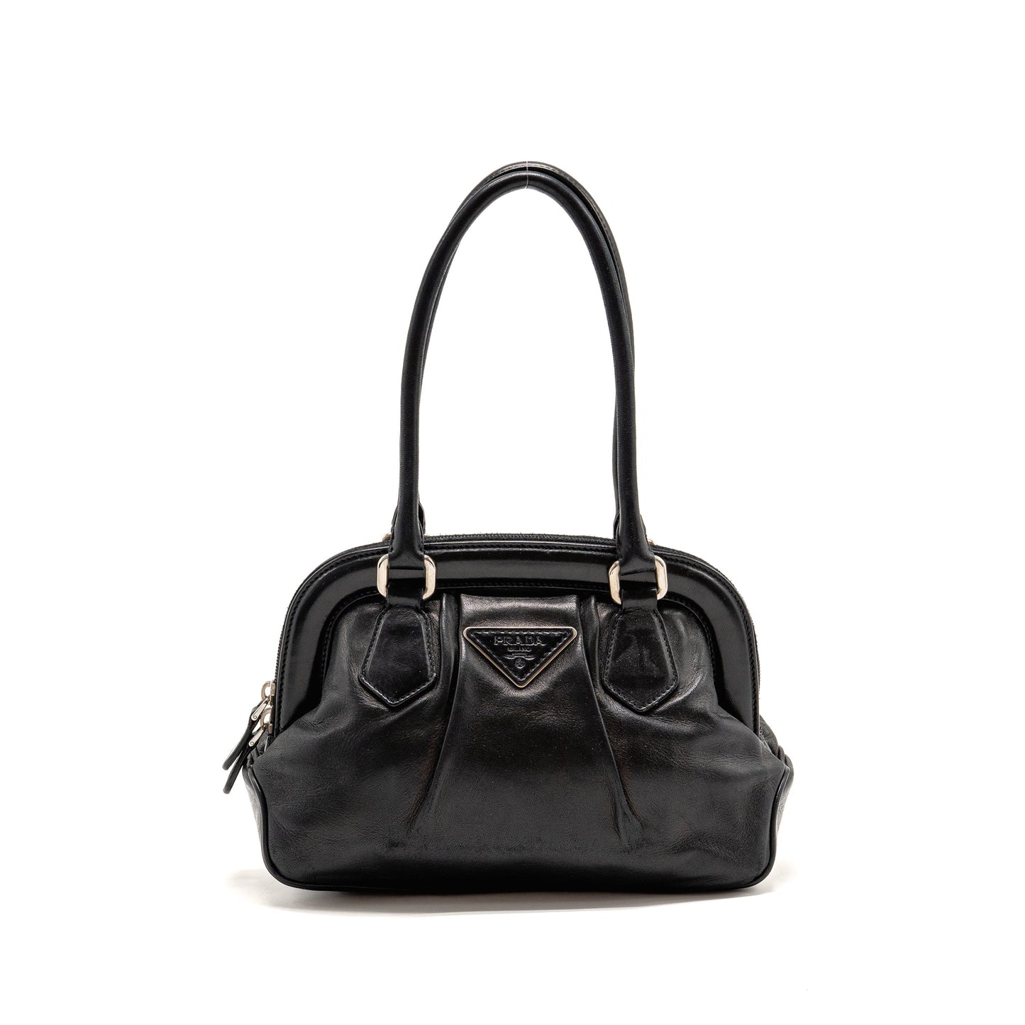 Prada Top Handle Dangle Purse Handbag Leather Black Travel Bag