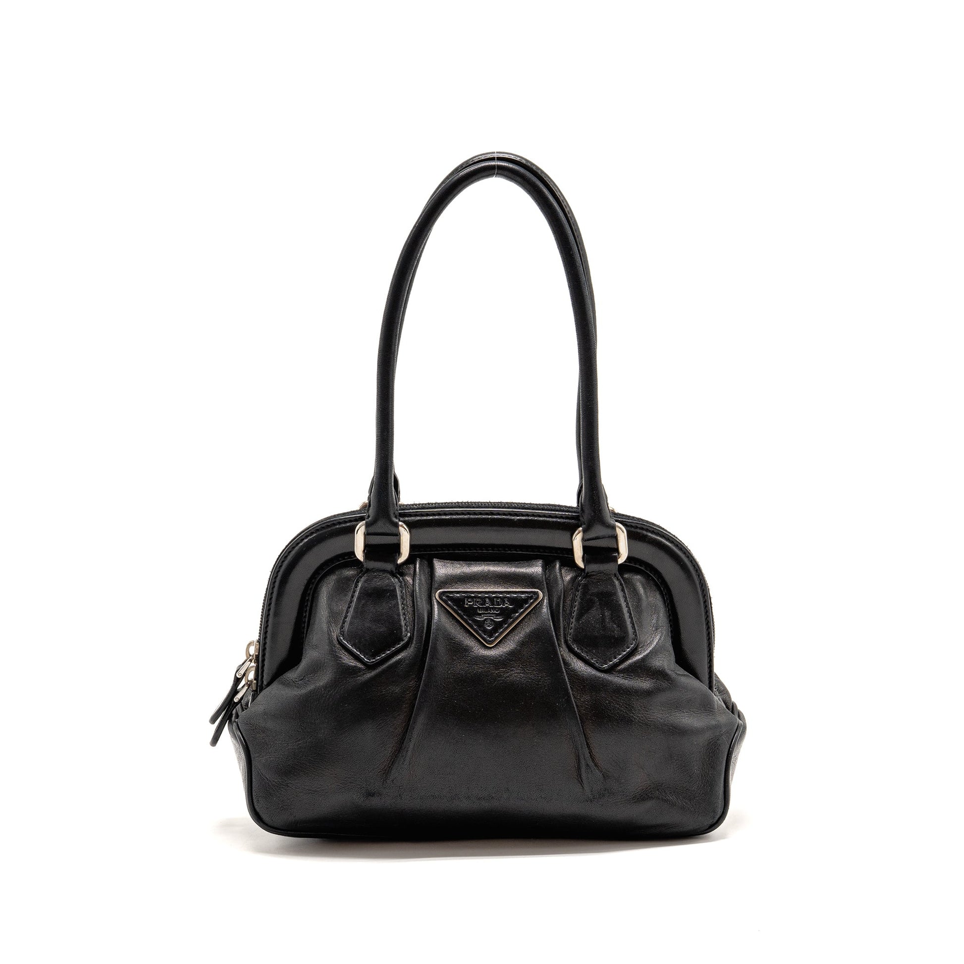 Prada Top Handle Dangle Purse Handbag Leather Black Travel Bag