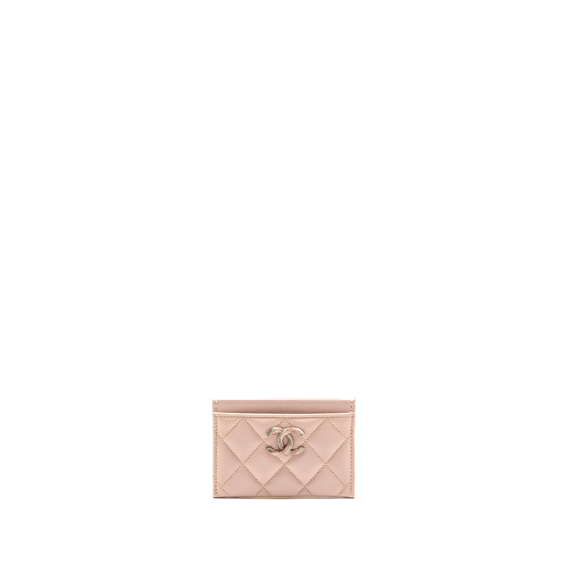 Chanel Crystal CC Logo Card Holder Caviar Pink Wallet Case